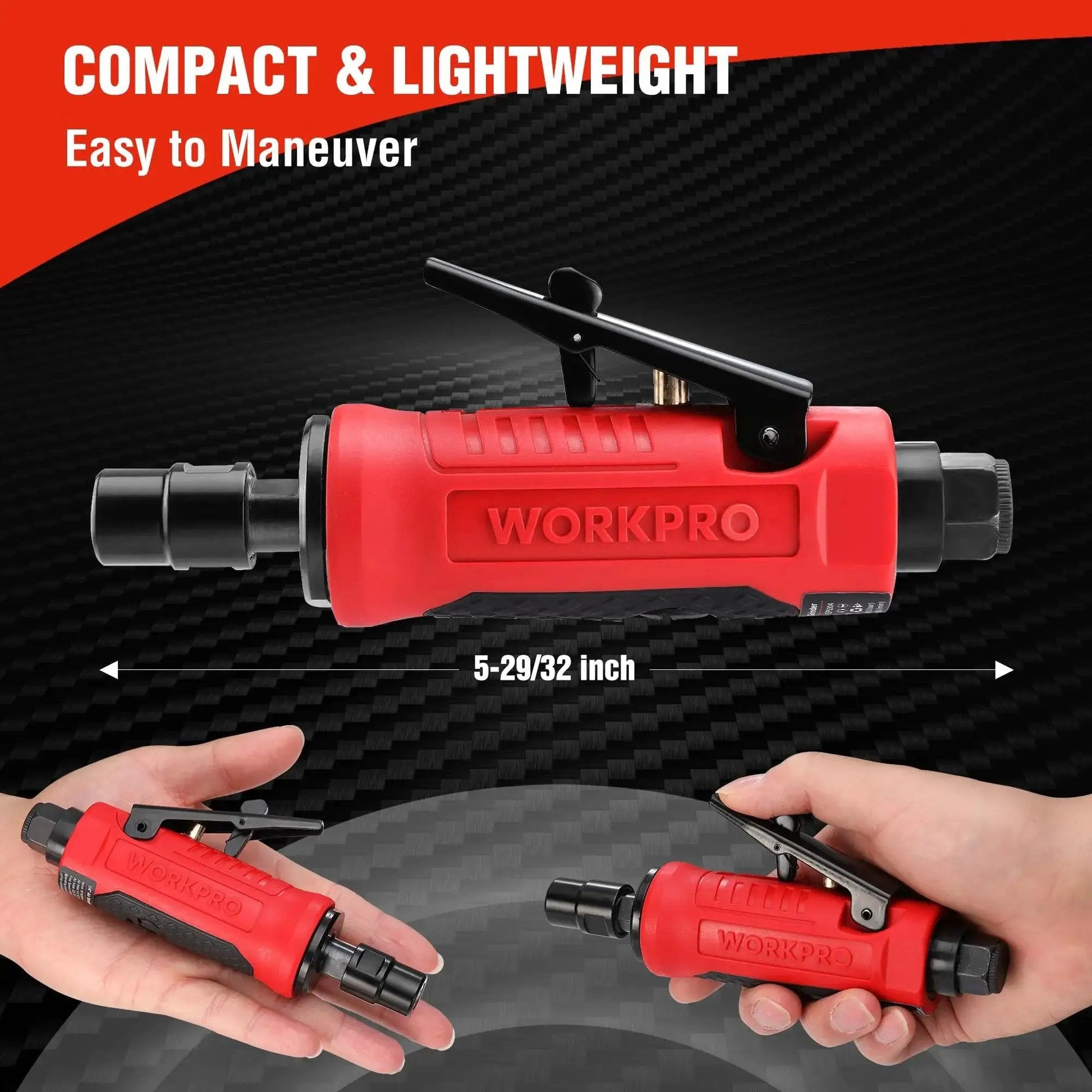 Powerful One Quarter Inch Pneumatic Straight Die Grinder With 25,000 RPM shown in hand, highlighting compact size and lightweight design.