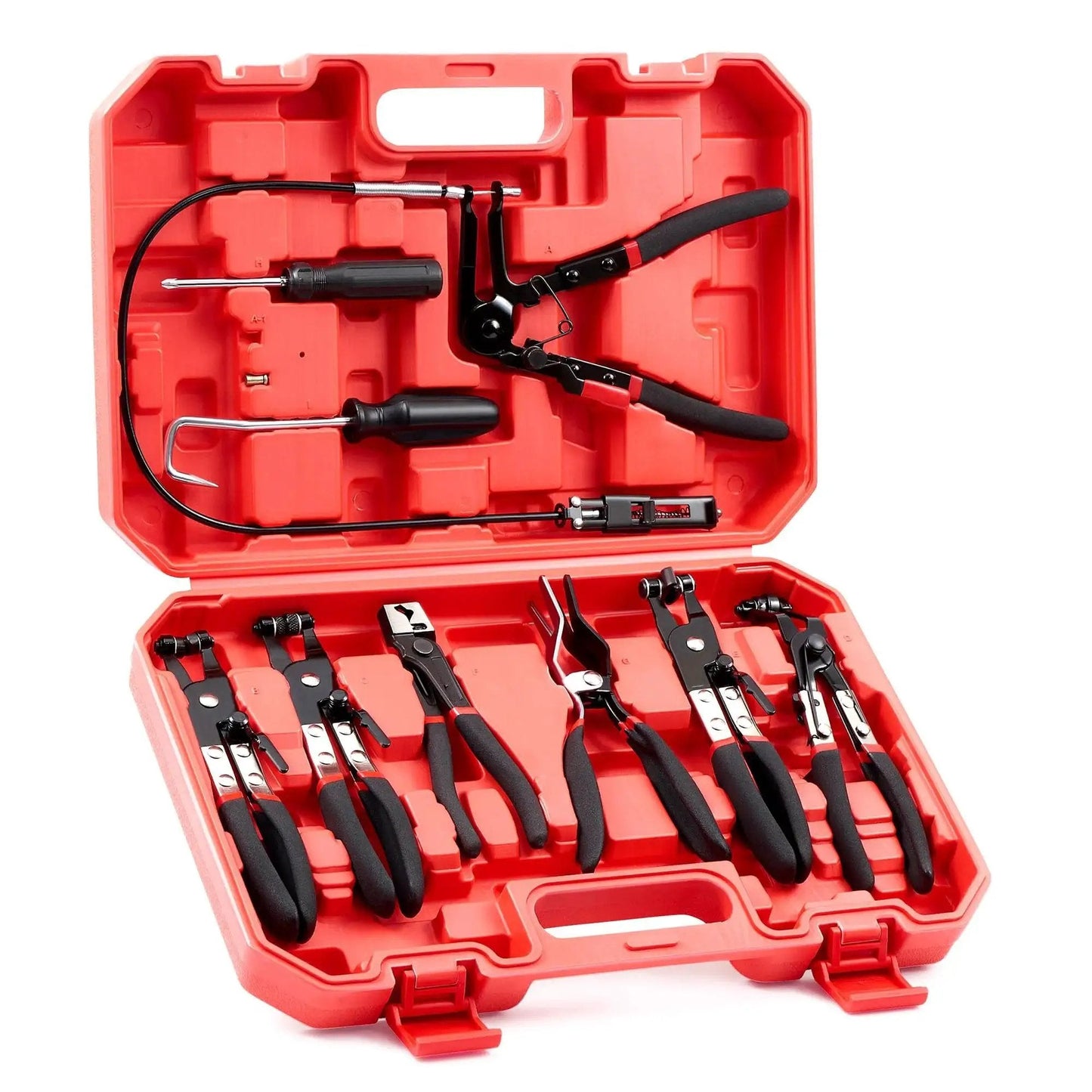 9 Piece Hose Clamp Pliers Set With Long Reach Swivel Jaw And Flat Band Pliers in red carrying case