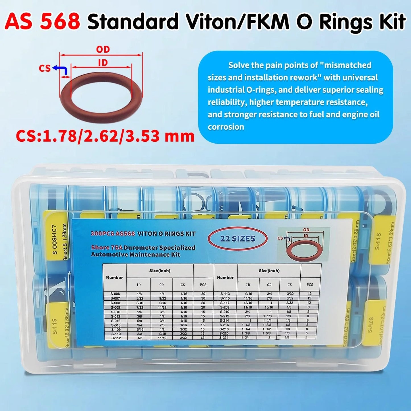Viton O Ring Kit 300 Pcs FKM 22 Sizes SAE AS568 Auto Fluid System O Rings Set with open box showing contents and chart.