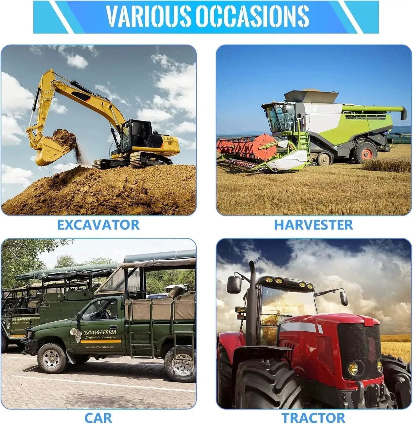 Grid of four images showing an excavator, harvester, car, and tractor, illustrating various occasions for equipment use.