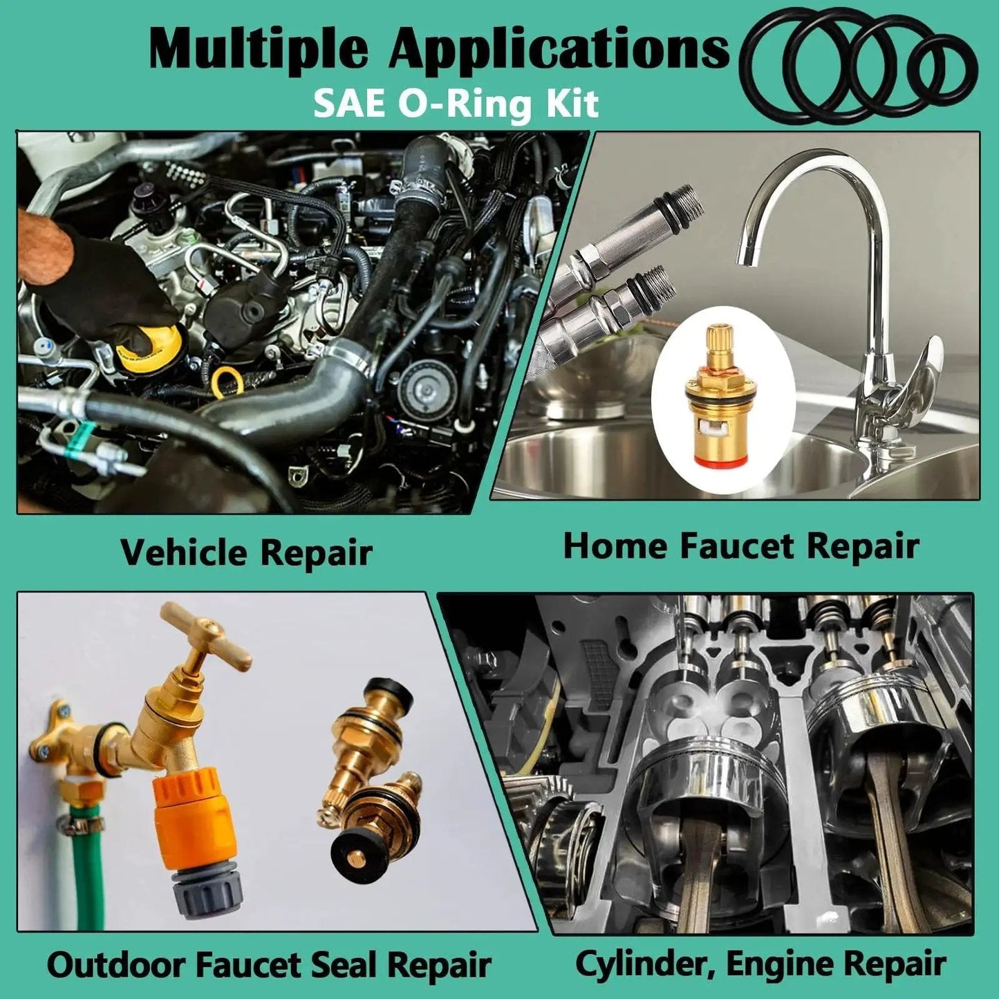 Image of the Must-Have 1086-Piece SAE O Ring Assortment Kit applications for vehicle, faucet, outdoor seal, and engine repair.