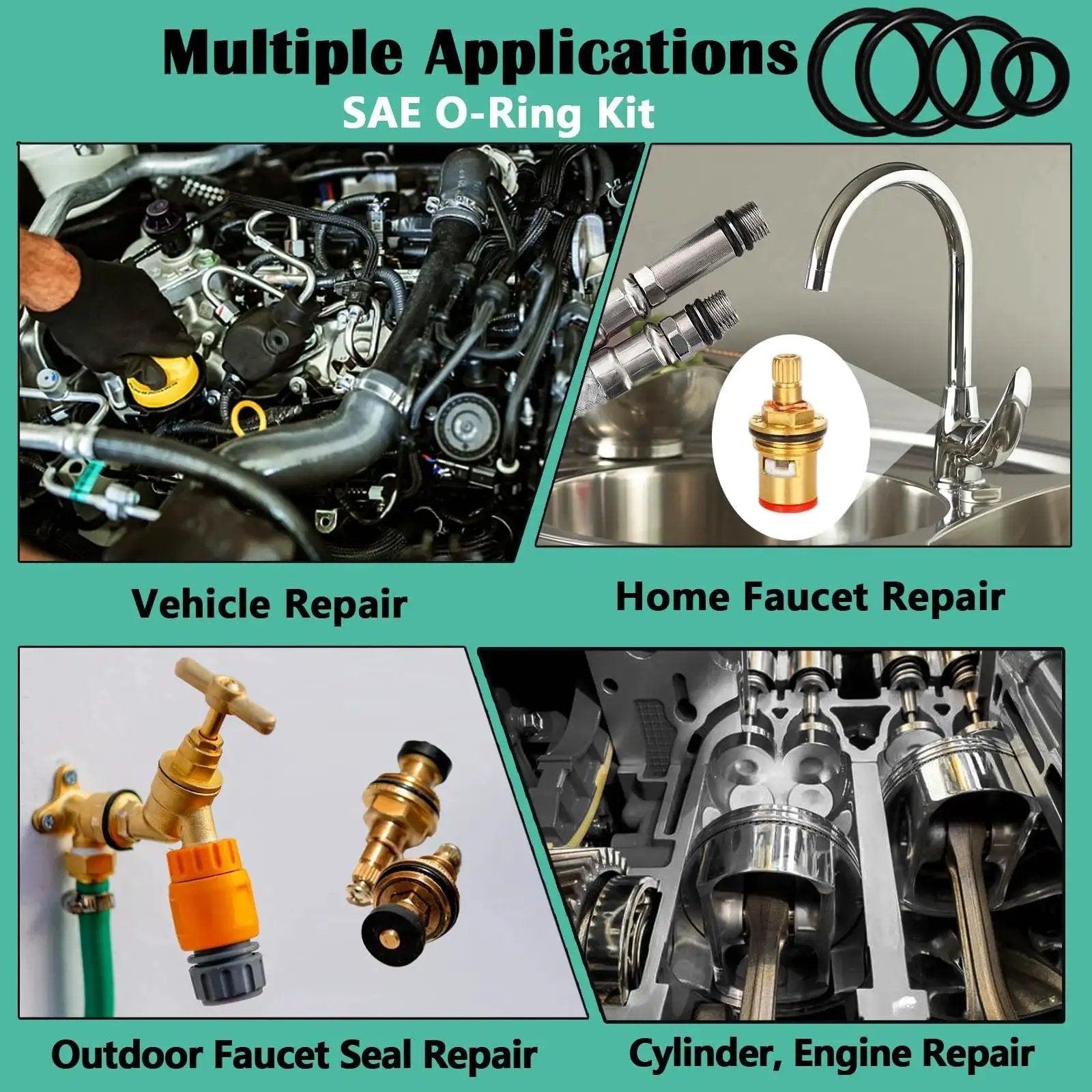 Image of the Must-Have 1086-Piece SAE O Ring Assortment Kit applications for vehicle, faucet, outdoor seal, and engine repair.