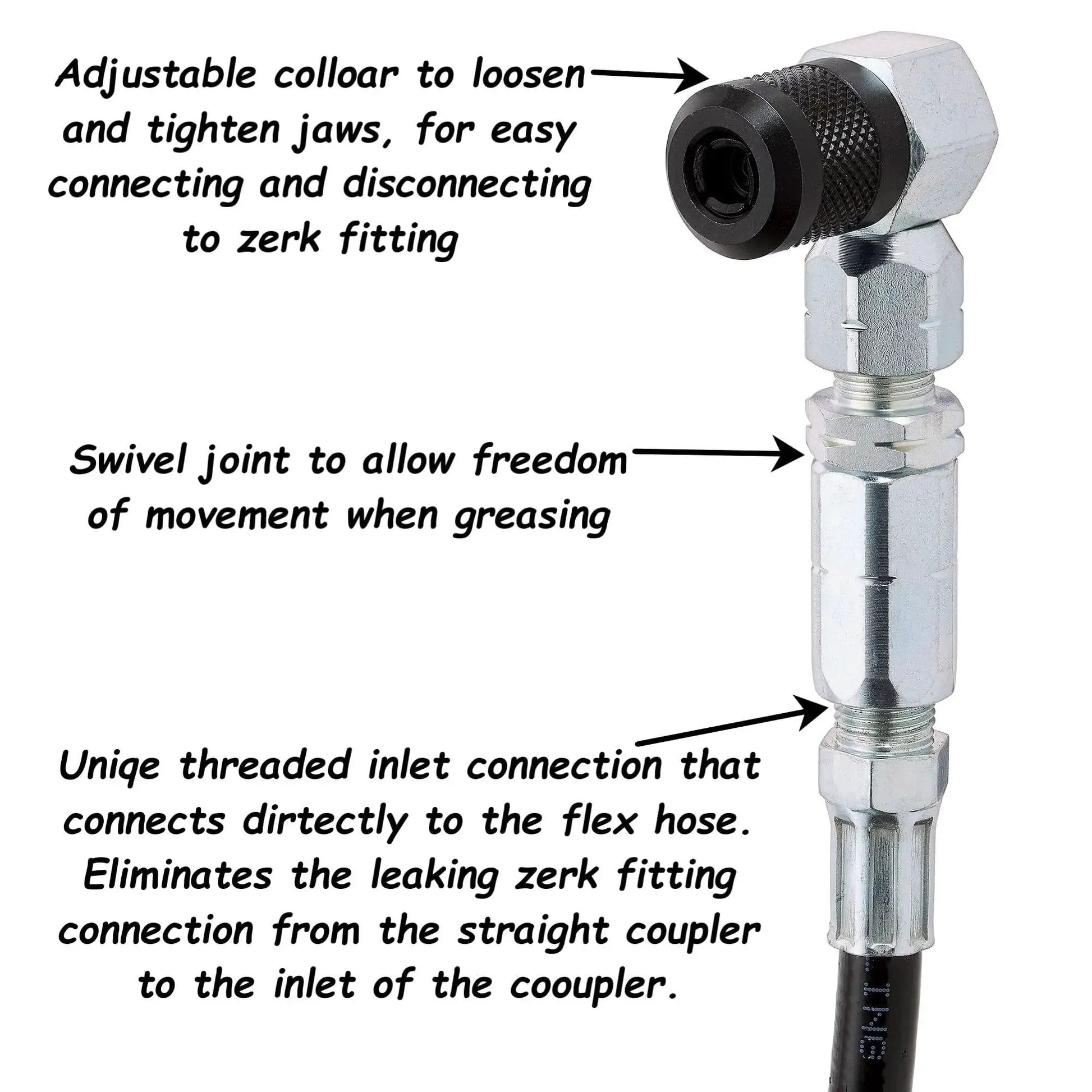 Close-up of 90 Degree Grease Gun Coupler with 18 Inch Flex Hose Threaded Inlet and Swivel Head for hard to reach fittings