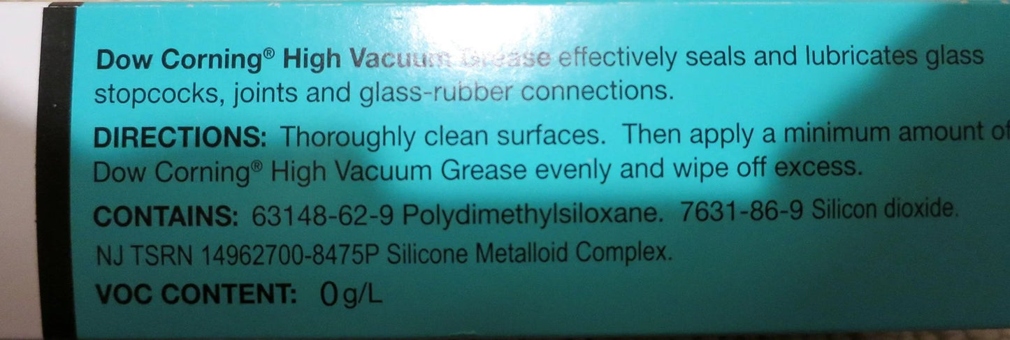 Label of Dow Corning High Vacuum Grease tube showing ingredients and instructions for use on glass stopcocks and joints.