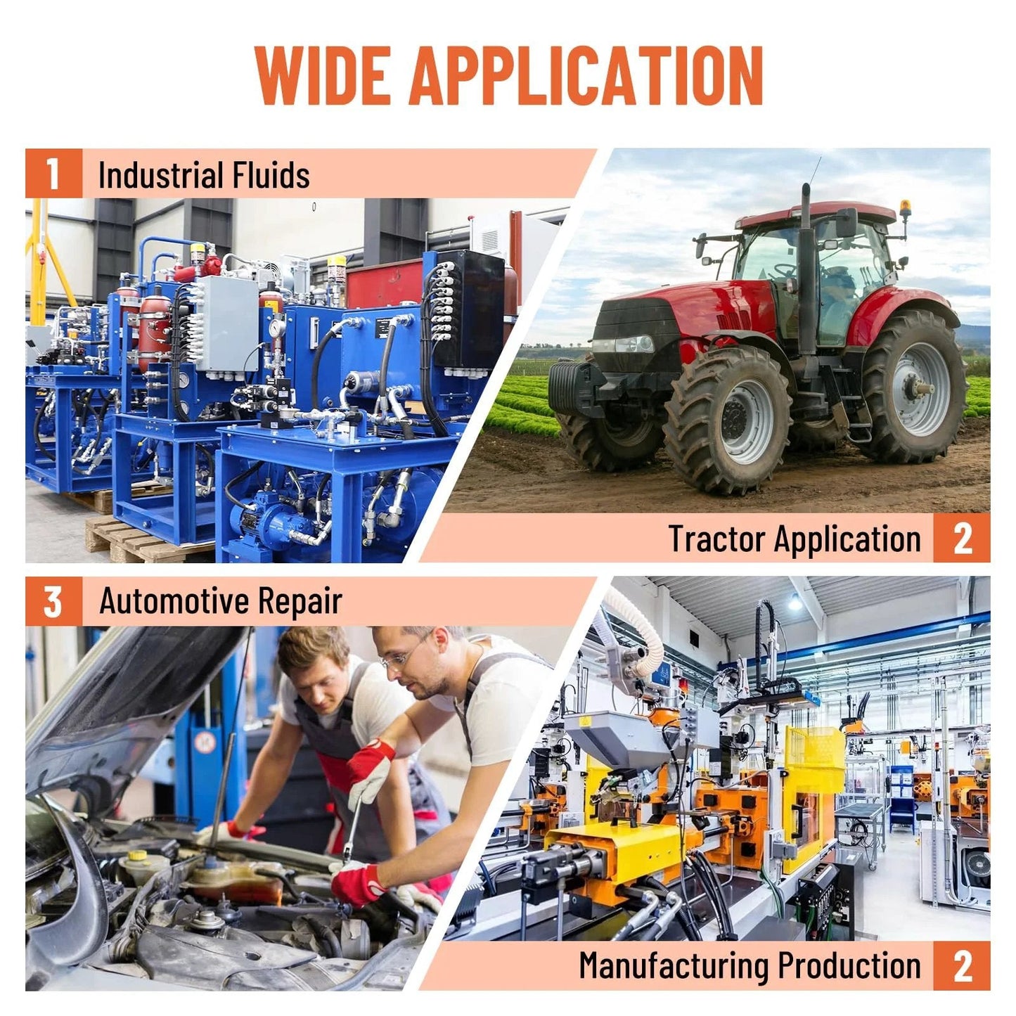 Industrial machinery, tractor, automotive repair, and manufacturing production illustrating wide applications.