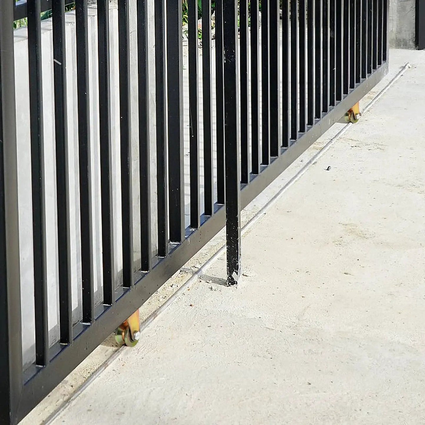 Installed sliding gate with 8 Pack 2 Inch V Groove Wheel Set For Sliding Gates And Industrial Rails Heavy Duty Steel Caster Wheels