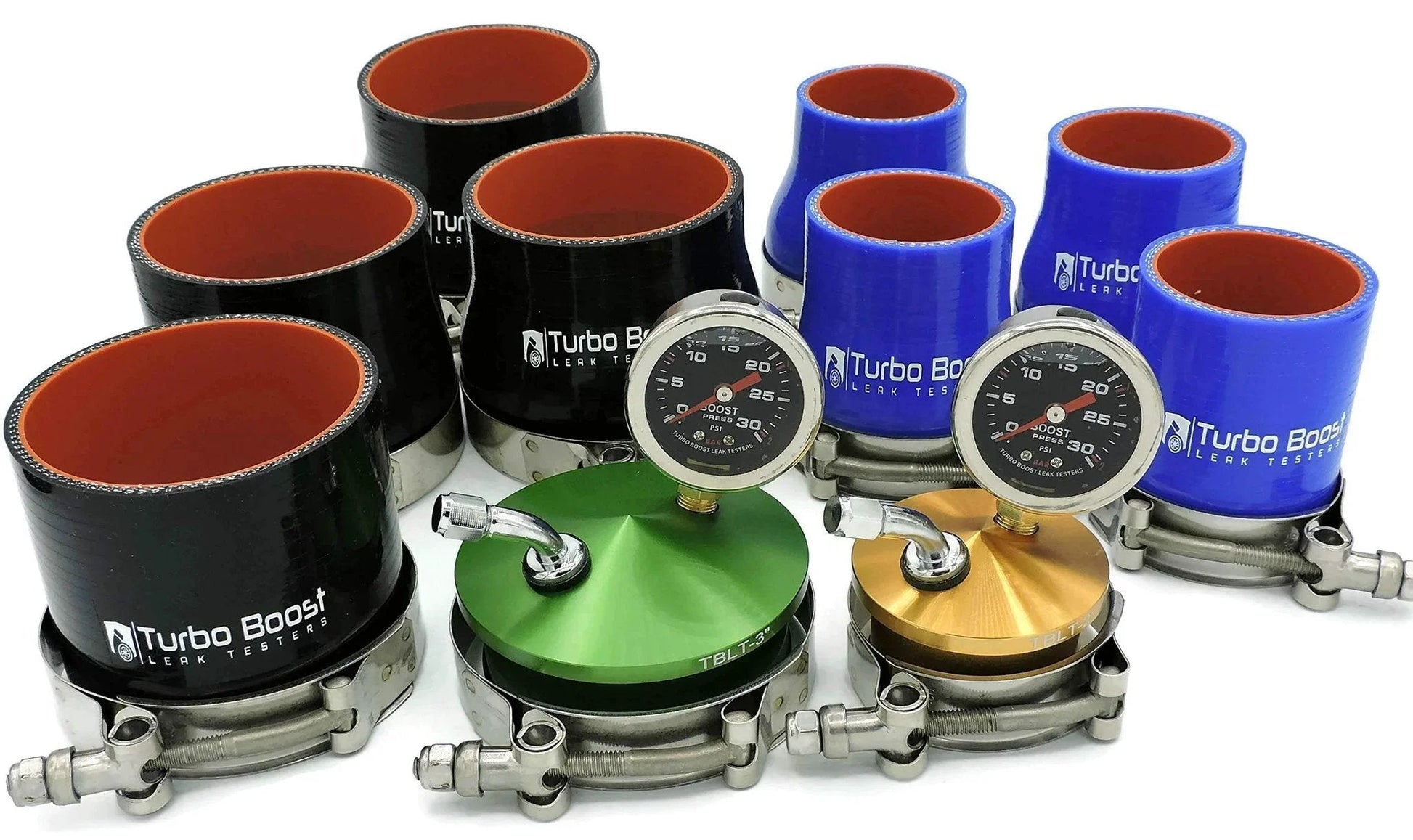 Turbo Boost Leak Tester Kit Universal Intake Pipe Pressure Test For 2 To 4 Inch Tubes with CNC caps and 30 psi gauges