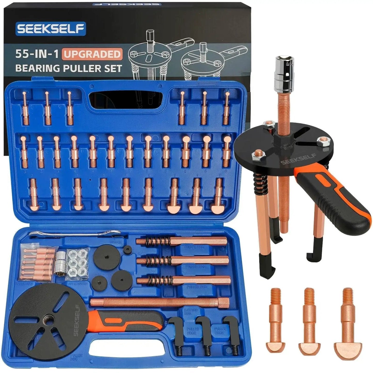 55 In 1 Bearing Puller Kit For Internal And External Bearings With 11 Puller Head Sets, blue storage box and orange tools