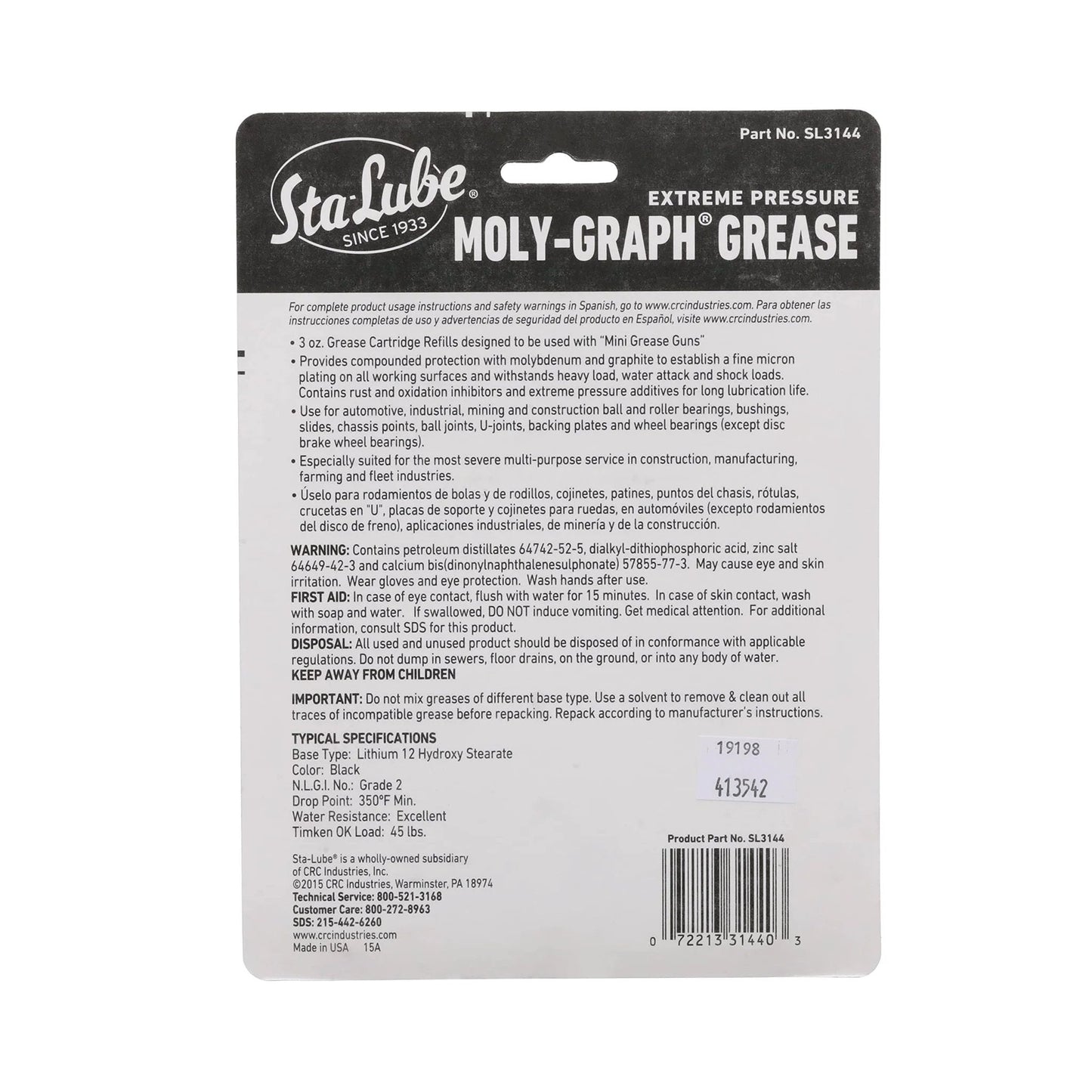 Back view of Sta Lube Formula SL3144 packaging with detailed instructions for Extreme Pressure Moly Graph Multi Purpose Grease Pack Of 3 Tubes 3 Oz Each