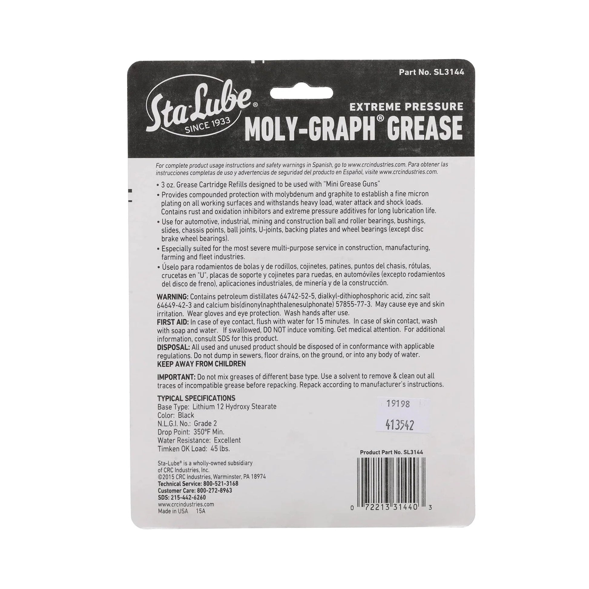 Back view of Sta Lube Formula SL3144 packaging with detailed instructions for Extreme Pressure Moly Graph Multi Purpose Grease Pack Of 3 Tubes 3 Oz Each