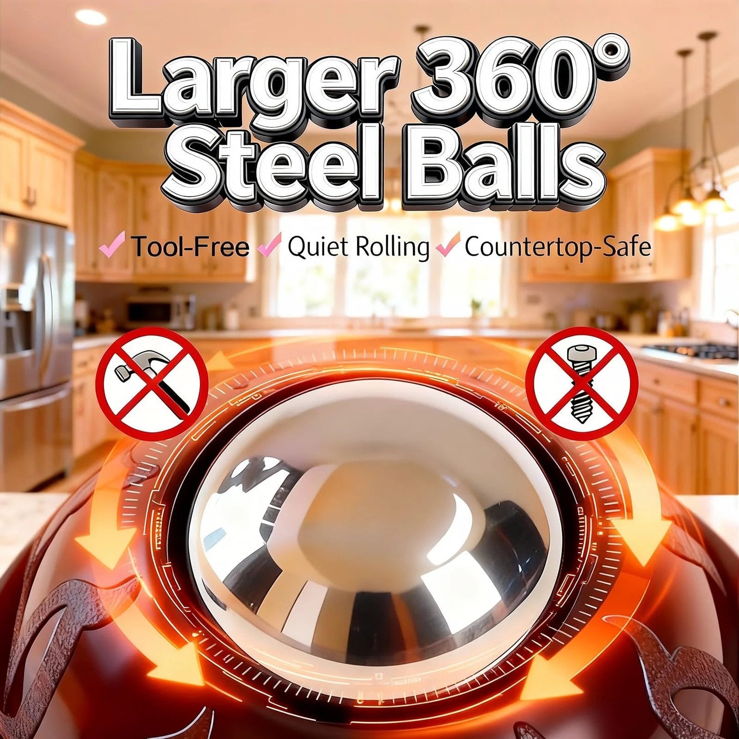 Close-up of Black Stainless Steel Self Adhesive Caster Wheels 4 Pack Large Profile Swivel Ball Casters in a kitchen setting.