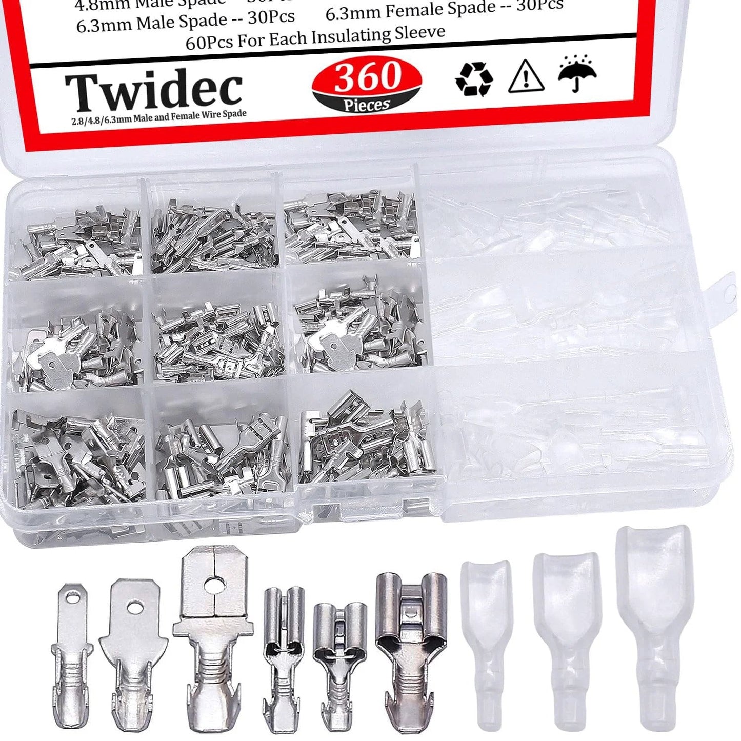 Premium Quick Splice Spade Connector Kit For Electrical Wiring And Car Audio 360Pcs in 2.8 4.8 and 6.3mm sizes with terminals