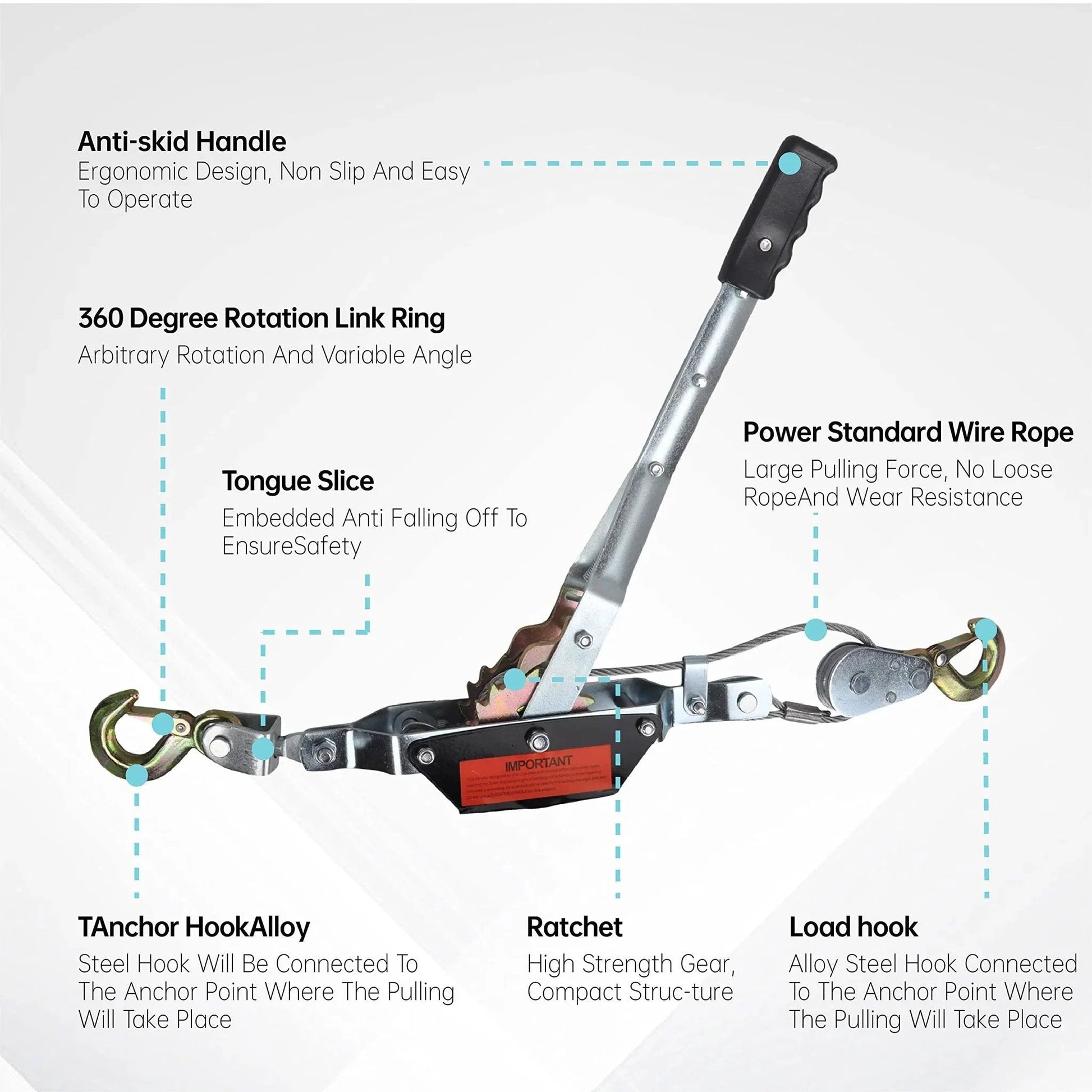Diagram of 4 Ton Dual Gear Come Along Power Puller With Two Hooks And Steel Cable For Heavy Duty Lifting Hand Winch Automotive Hoist