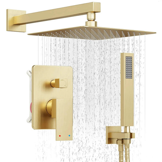 Gold Shower System With 10 Inch Rain Showerhead And Handheld Spray, Wall Mounted High Pressure Shower Head Set Including Valve And Trim