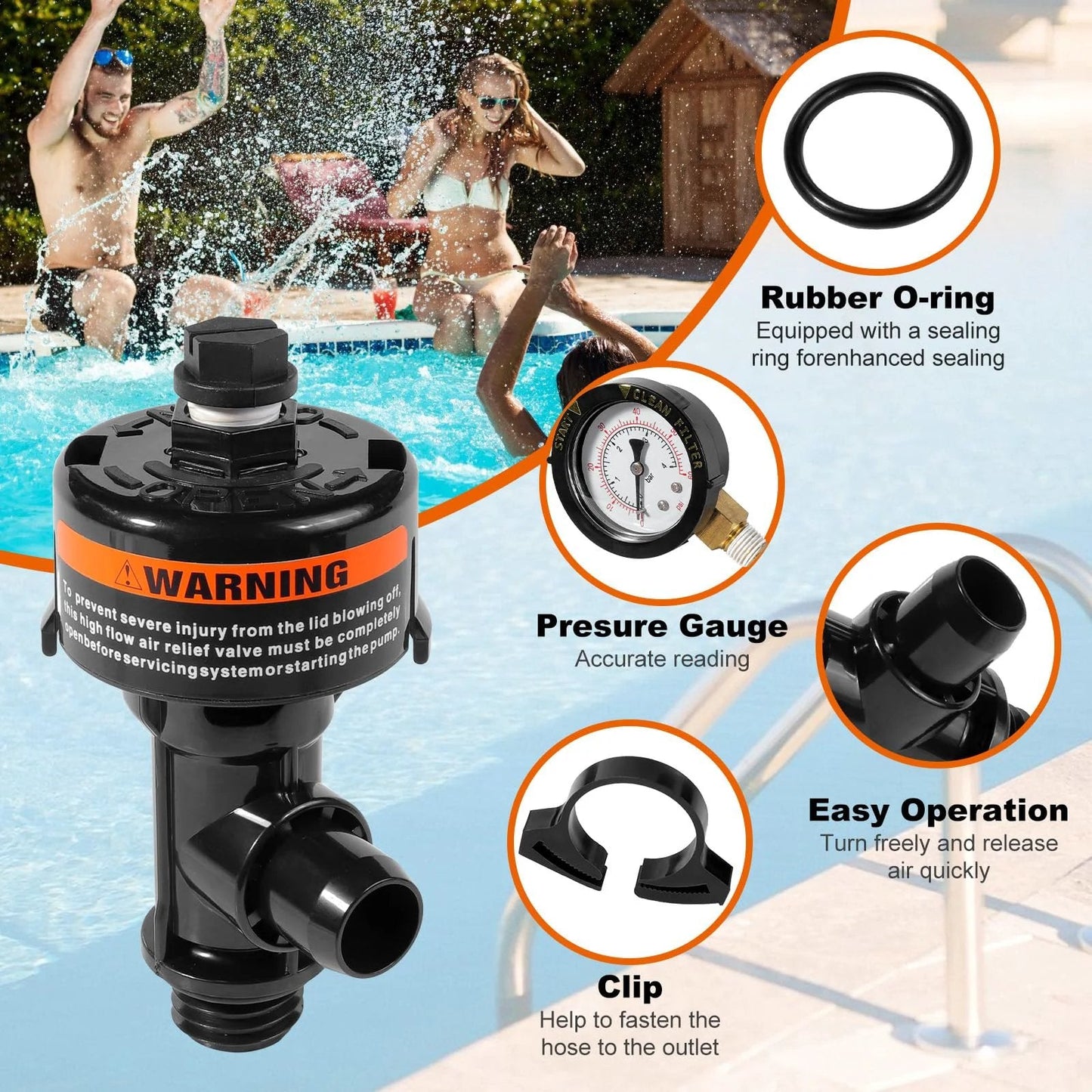 Manual Air Relief Valve Assembly With Pool Filter Pressure Gauge For Easy No Fuss Install And Long Life Compatible With Pentair Air Relief Valves FNS Clean And Clear Quad De 4000 Series Spa And Pool Filters, front view with gauge and warning label.
