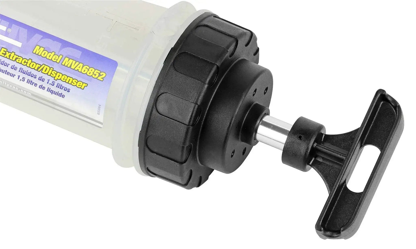 Close-up of 1.5 Liter Fluid Evacuator and Dispensing Syringe with Twist Valve ATF Adapter, showing handle and nozzle.