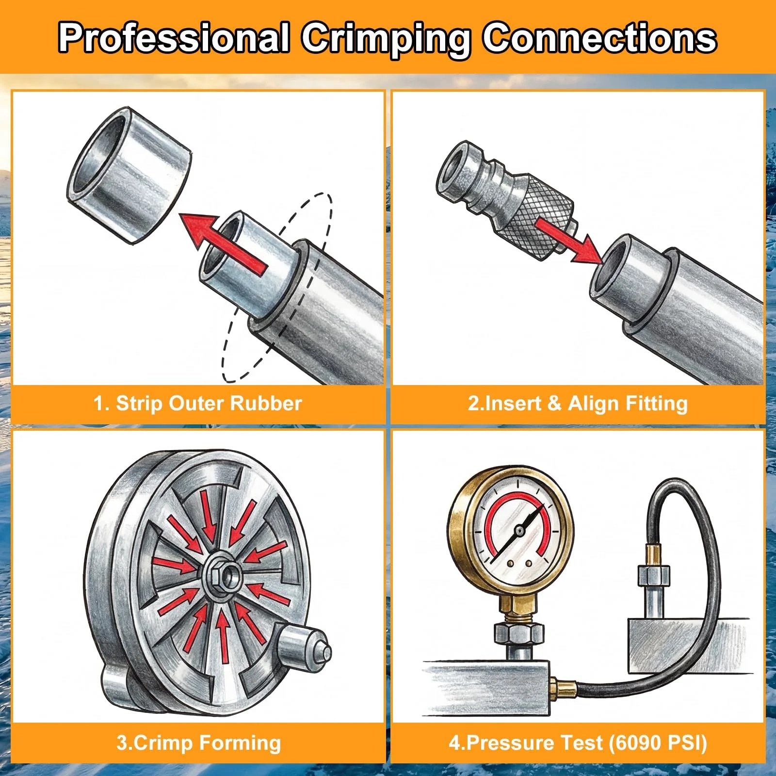 Professional crimping connections process with steps: strip outer rubber, insert fitting, crimp forming, and pressure test.