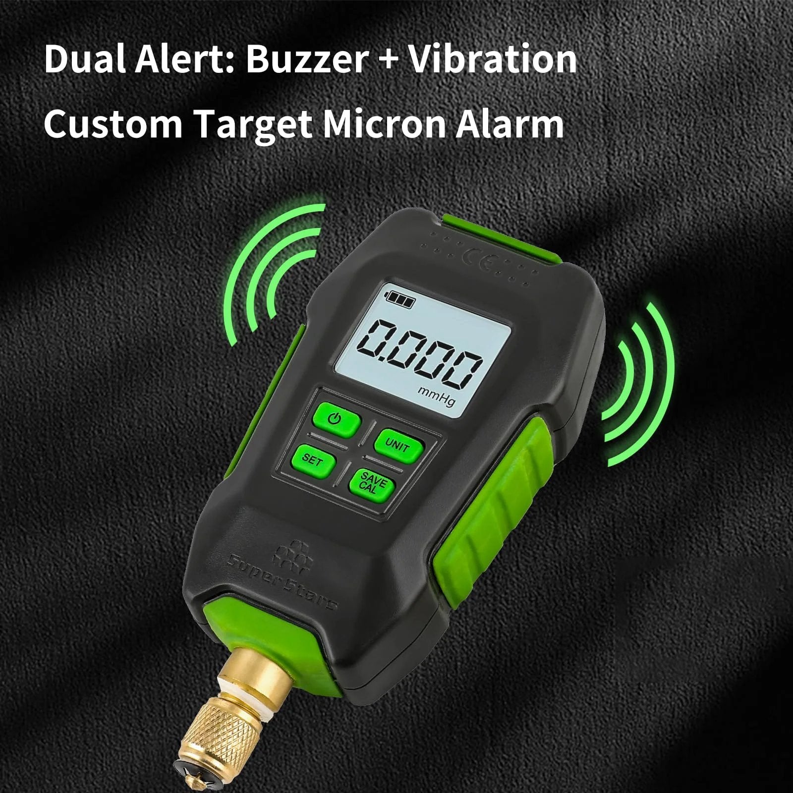 Digital Micron Vacuum Gauge For HVAC With Alarm And Temp Compensation, One Quarter Inch SAE Port, LCD Backlit Display shown