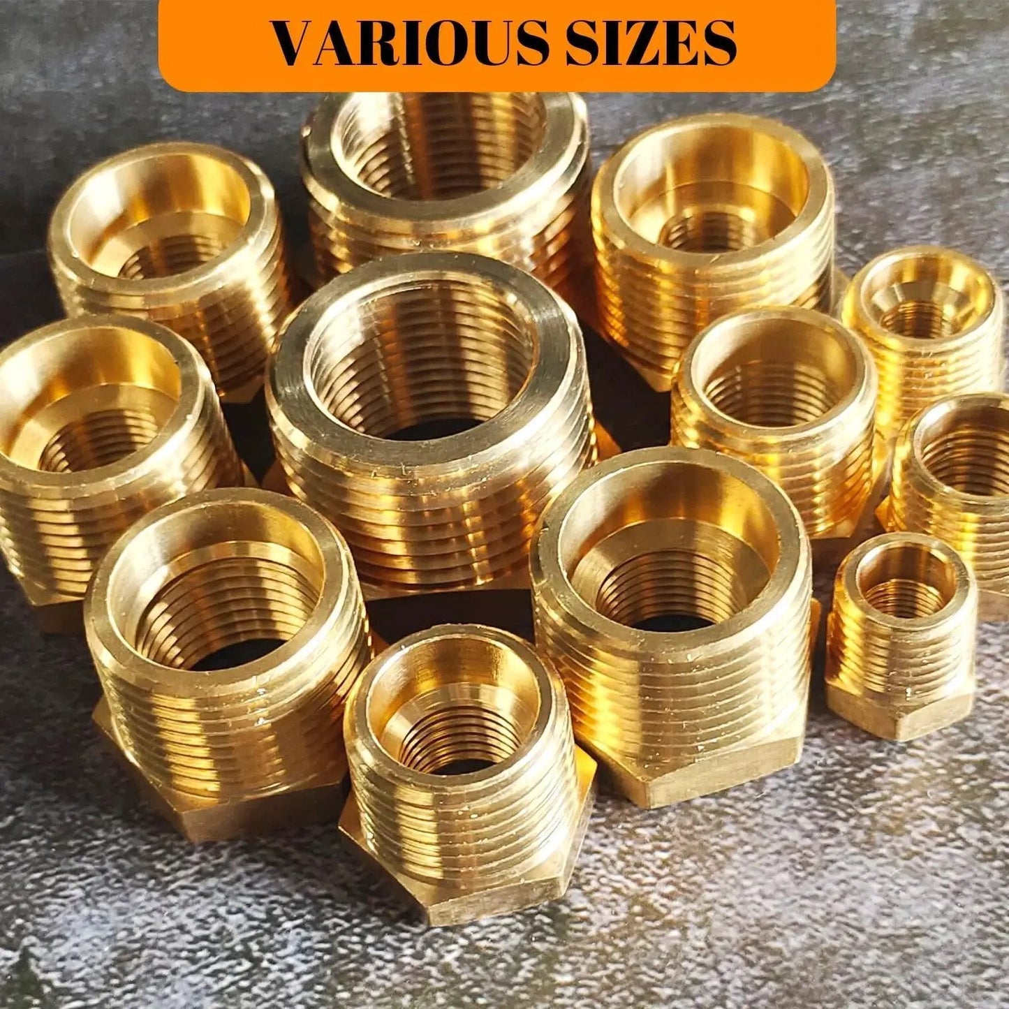 Assorted brass NPT reducer bushings including 2 Pack Brass NPT Reducer Bushing Three Quarter Inch Male To One Half Inch Female Hex Reducing.