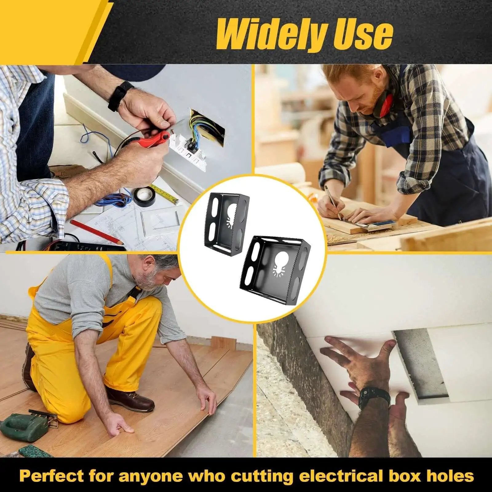 Collage showing 2 Pack Square Slot Cutter For Drywall And Electrical Boxes Fits Dewalt 20V And Milwaukee M18 in use