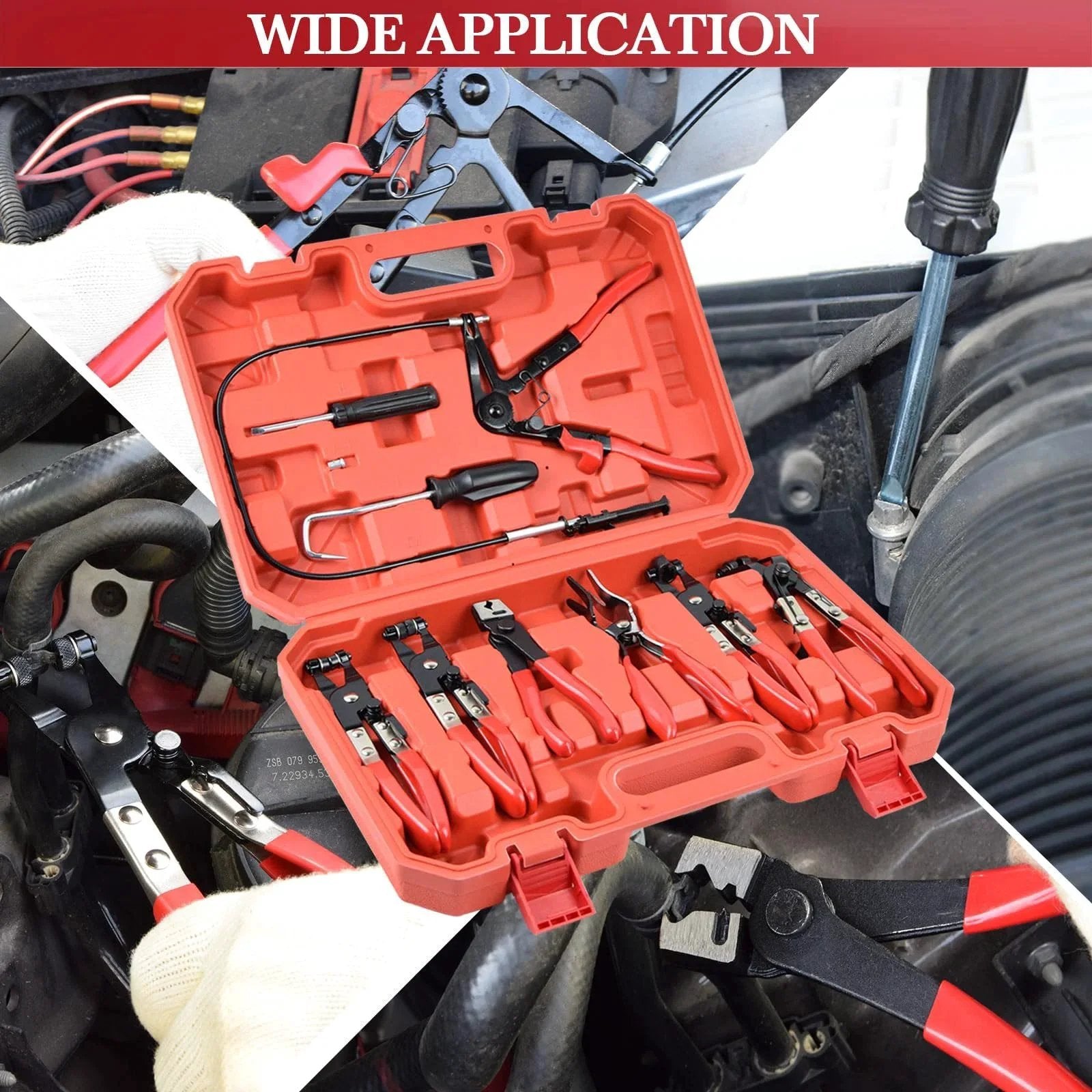 9 Piece Hose Clamp Pliers Set With Flexible Long Reach for Automotive Coolant Radiator Heater and Water Lines in red case
