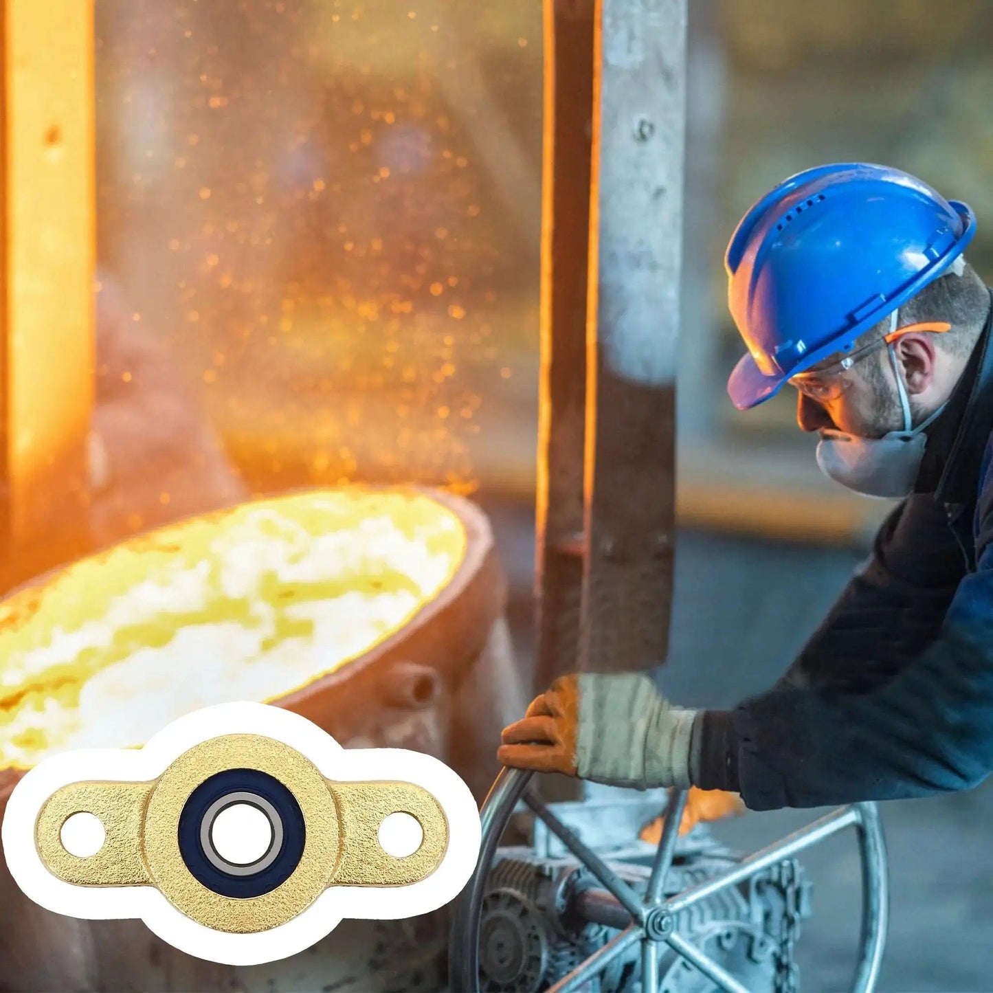 Industrial worker near molten metal furnace with Four Pack Pillow Block Bearing for Six Millimeter Shaft inset