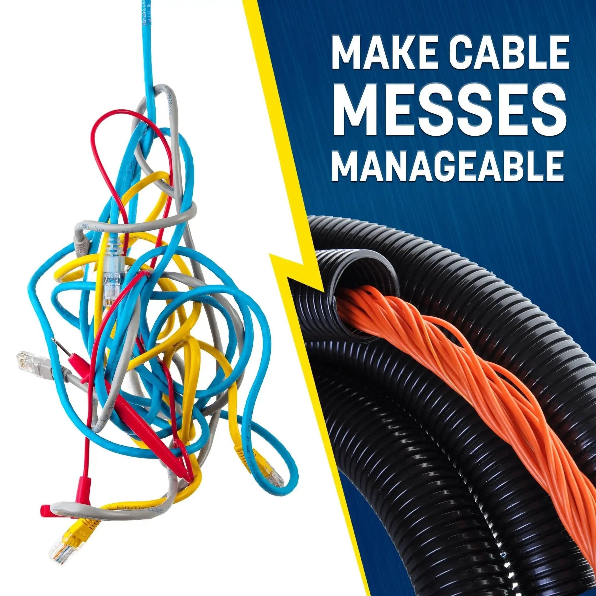 Split Wire Loom Tubing For Auto And Industrial Wires Half Inch By 50 Ft Split Cable Sleeve Protector Flexible Outdoor High Temperature Conduit For Easy Wire Management Durable Cover For Automotive And DIY Projects GS Power showing organized cables compared to tangled wires.