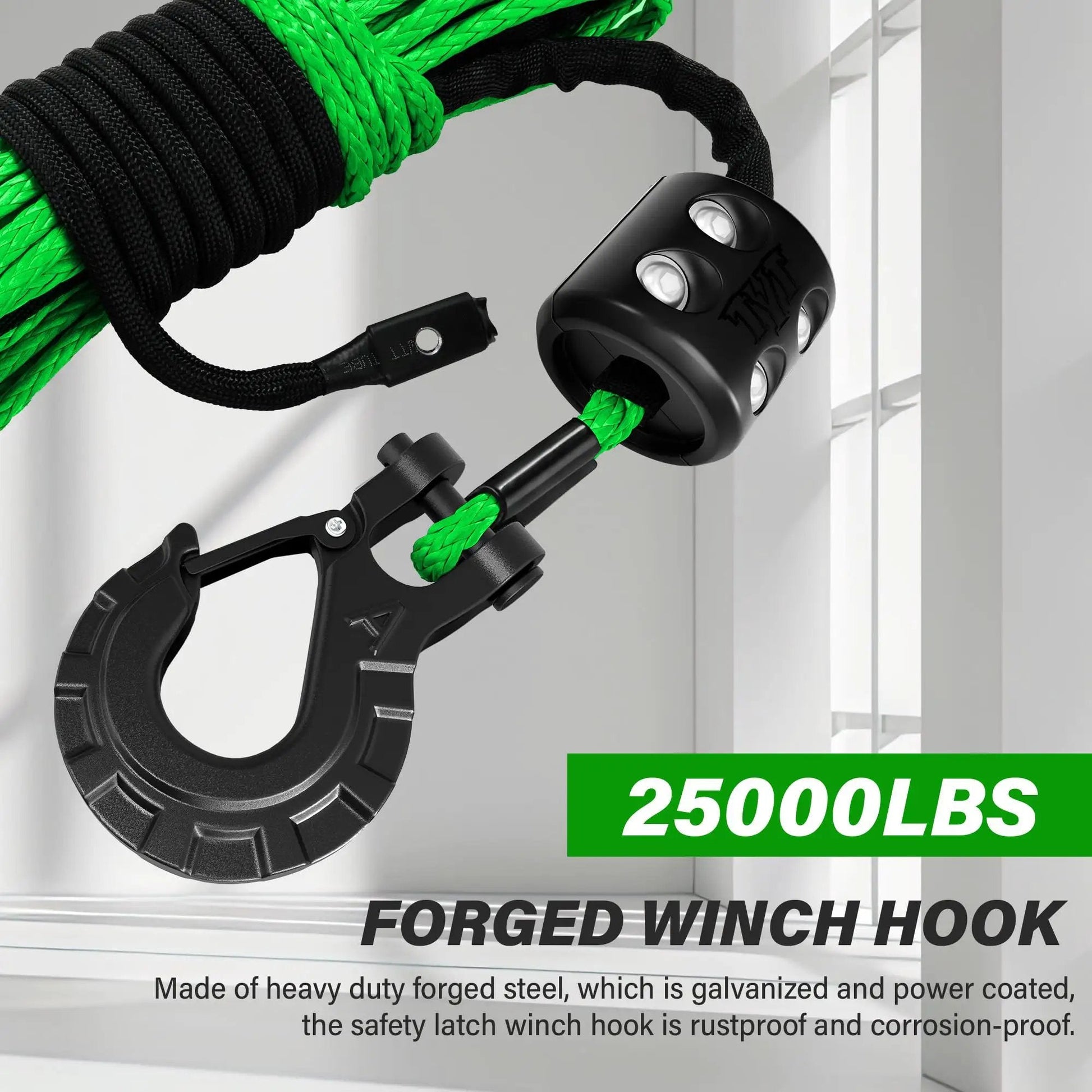 Close-up of the Synthetic Winch Rope Kit For ATV UTV And Off Road Vehicles One Quarter Inch By Fifty Foot 10000 Lbs with heavy-duty forged hook.