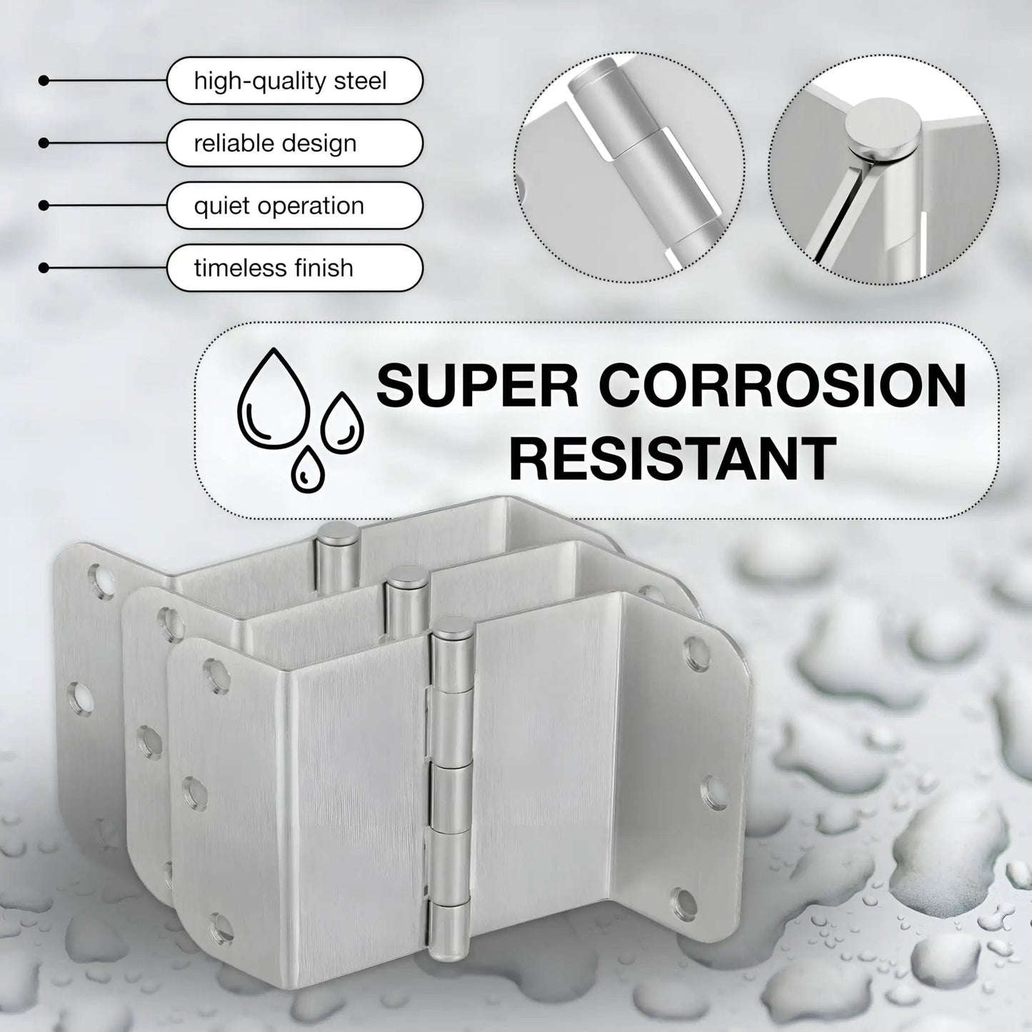 3 Pack Offset Door Hinges Brushed Nickel 3.5 Inch 5/8 Inch Radius Swing Clear For Exterior And Interior Doors With Wall Stopper And Grease Heavy Duty Hardware displayed with corrosion resistance features.
