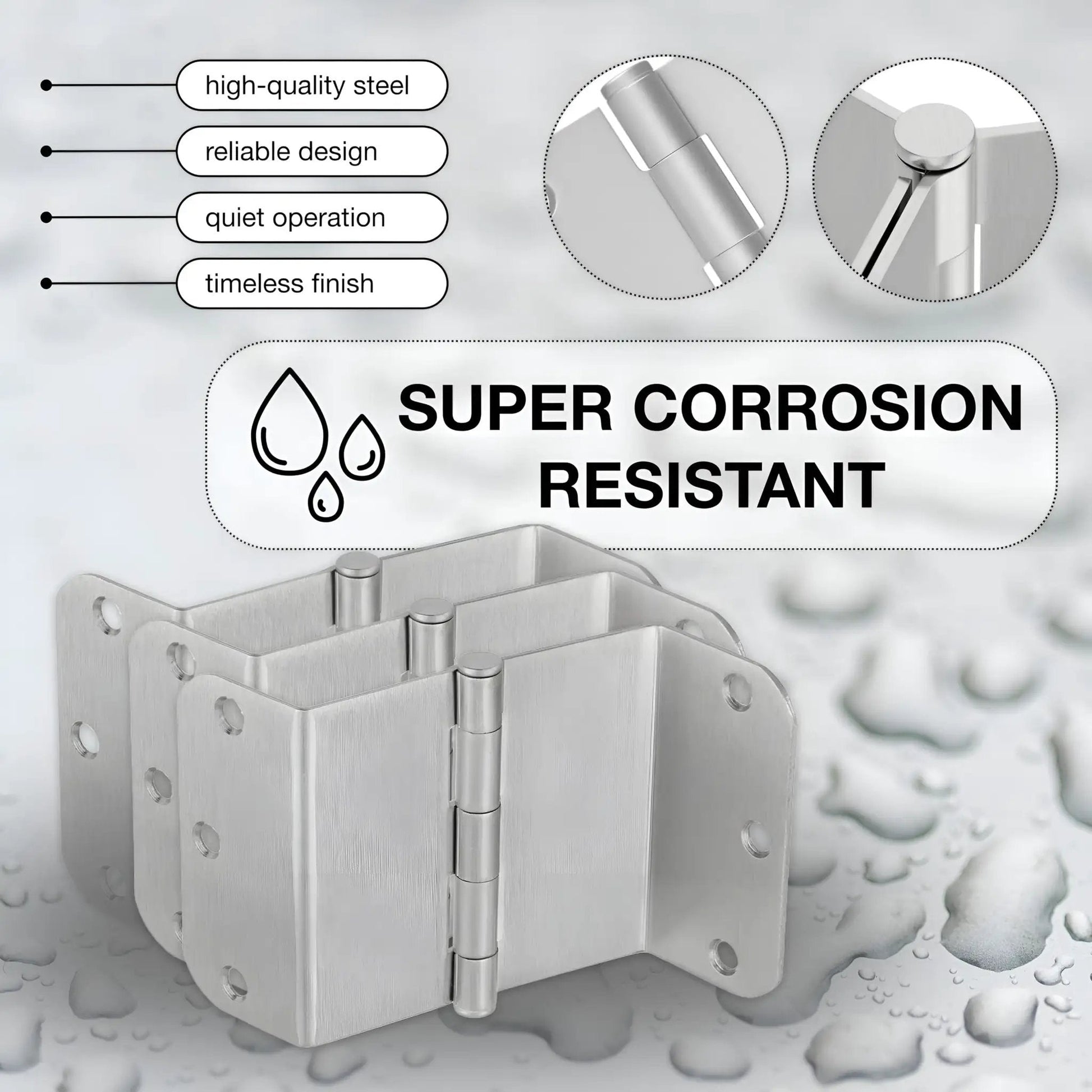 3 Pack Offset Door Hinges Brushed Nickel 3.5 Inch 5/8 Inch Radius Swing Clear For Exterior And Interior Doors With Wall Stopper And Grease Heavy Duty Hardware displayed with corrosion resistance features.