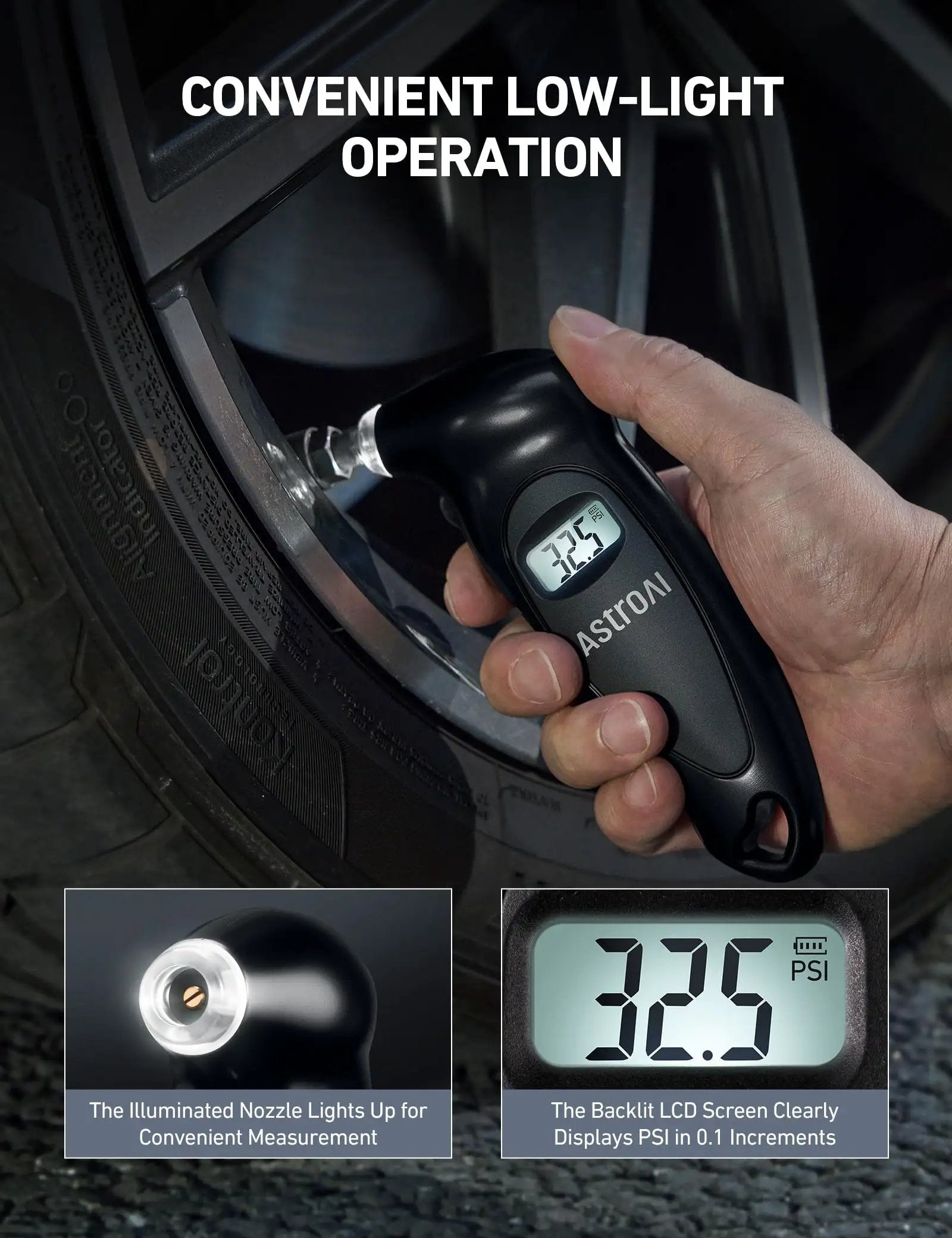 Digital Tire Pressure Gauge With Backlit LCD, Non Slip Grip, And Replaceable AAA Batteries For Cars Trucks And Bikes, 0-150 PSI Four Units Bar KPa KgF Cm2 Presta Valve Adapter Included in use checking tire pressure.