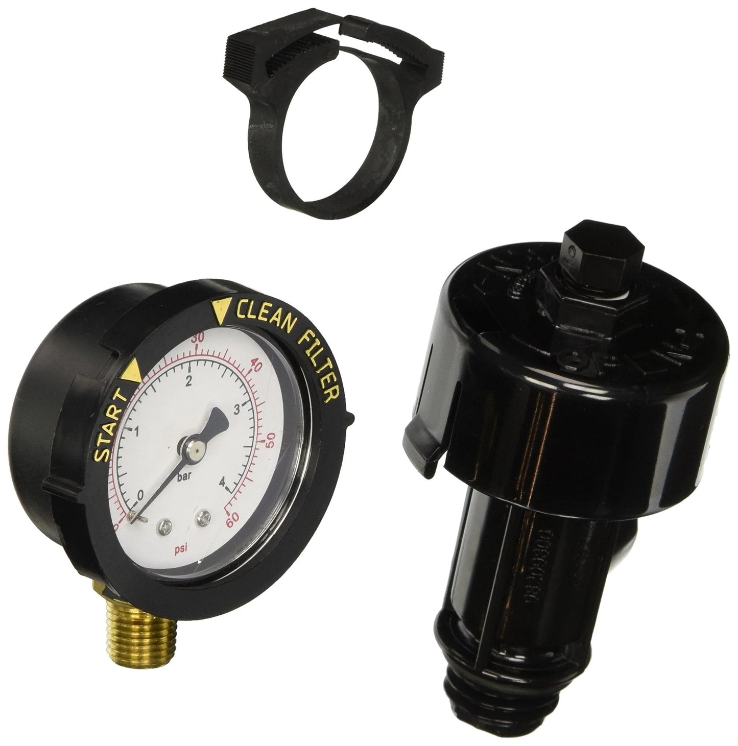 High Flow Manual Relief Valve Replacement For Pool And Spa Filters Compatible With Pentair Clean And Clear Cartridge Systems Model 98209800 White Durable Plumbing Valve For No Fuss Maintenance And Quick Backwash shown with gauge and clamp