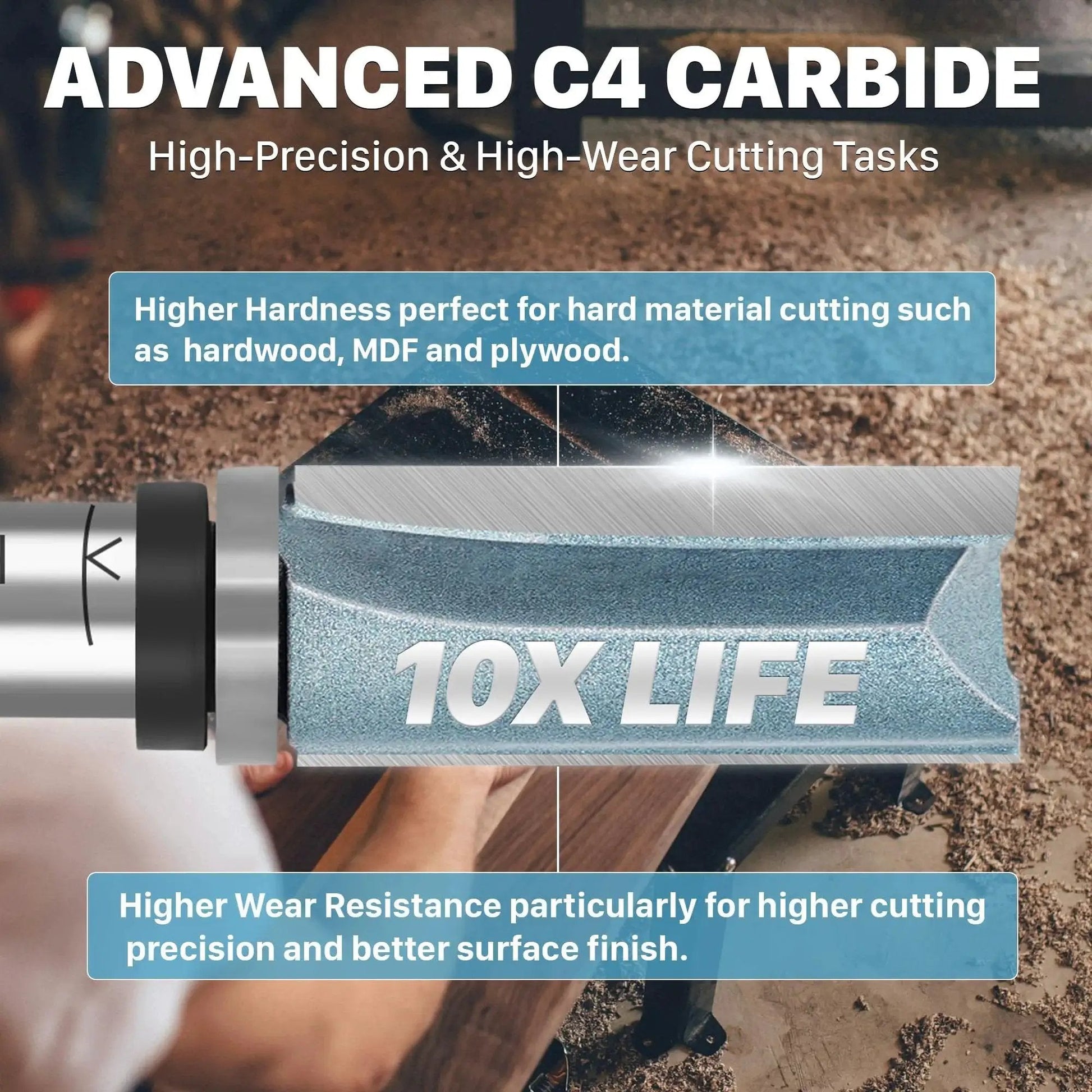 Image of a router bit with "10X Life" marking, focusing on C4 carbide tip features of durability and precision for woodworking.