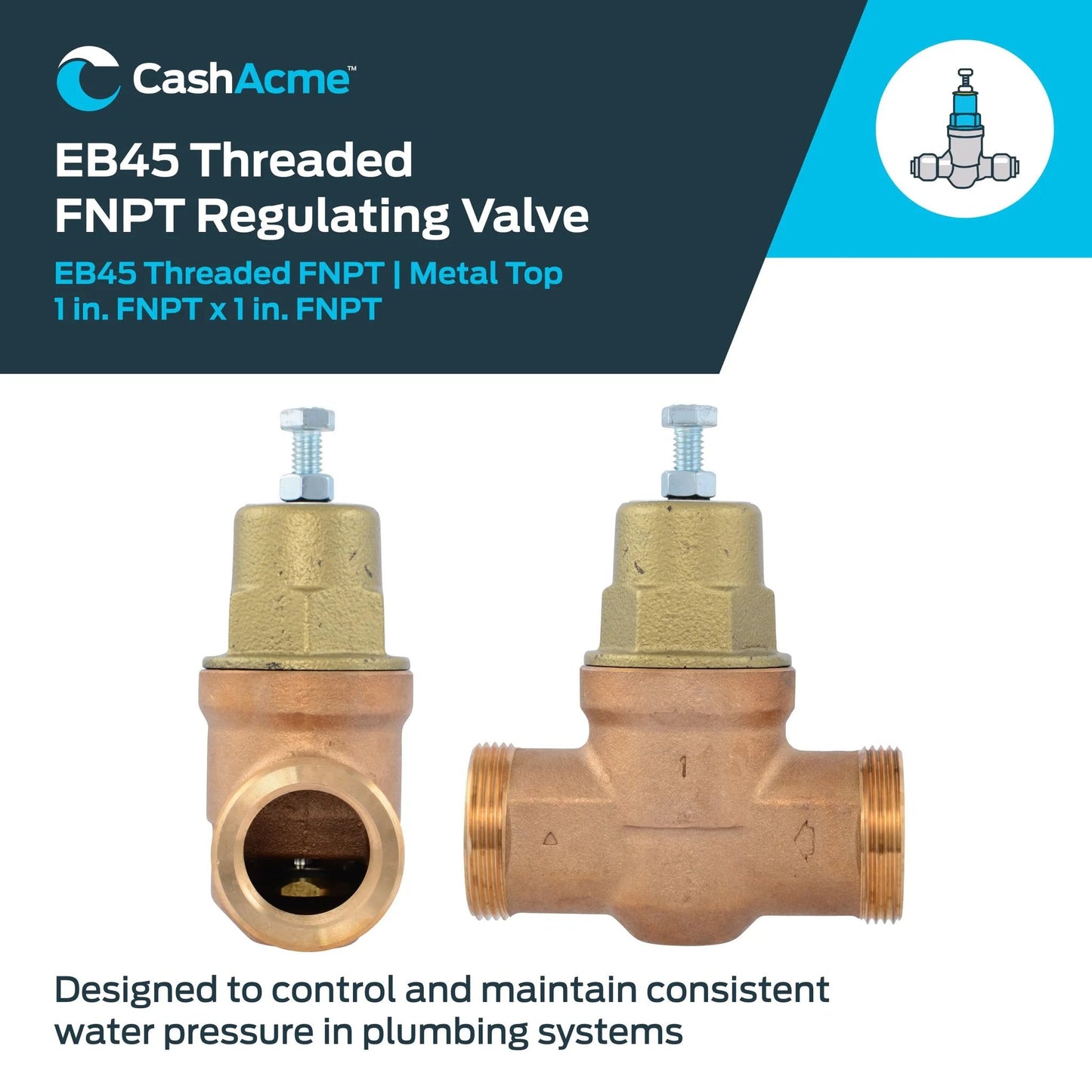 Direct Adjust Water Pressure Regulator Valve 1 Inch NPT Threaded With Metal Top 60 PSI Setting front and side view