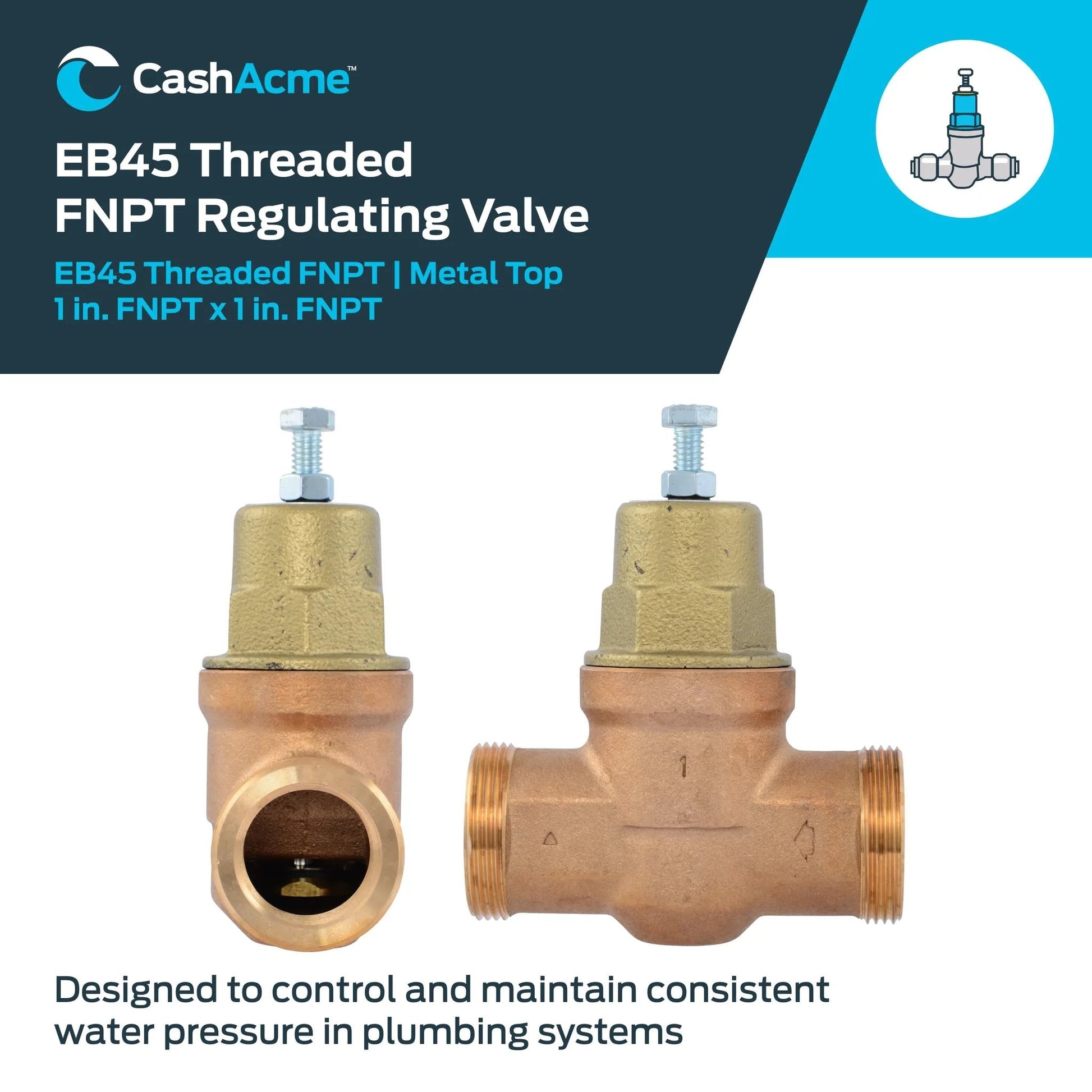 Direct Adjust Water Pressure Regulator Valve 1 Inch NPT Threaded With Metal Top 60 PSI Setting front and side view
