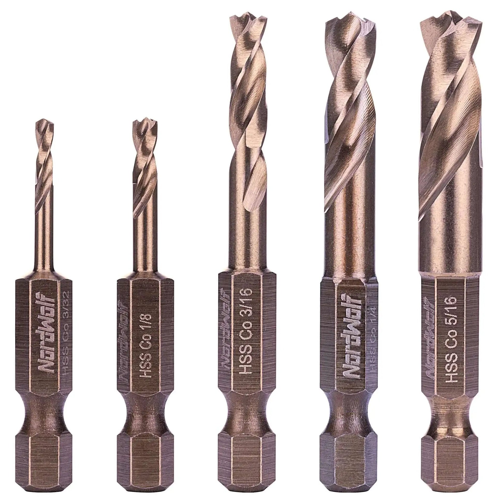 Five-Piece M35 Cobalt Stubby Drill Bit Set For Stainless Steel And Other Hard Metals With One Quarter Inch Hex Shank