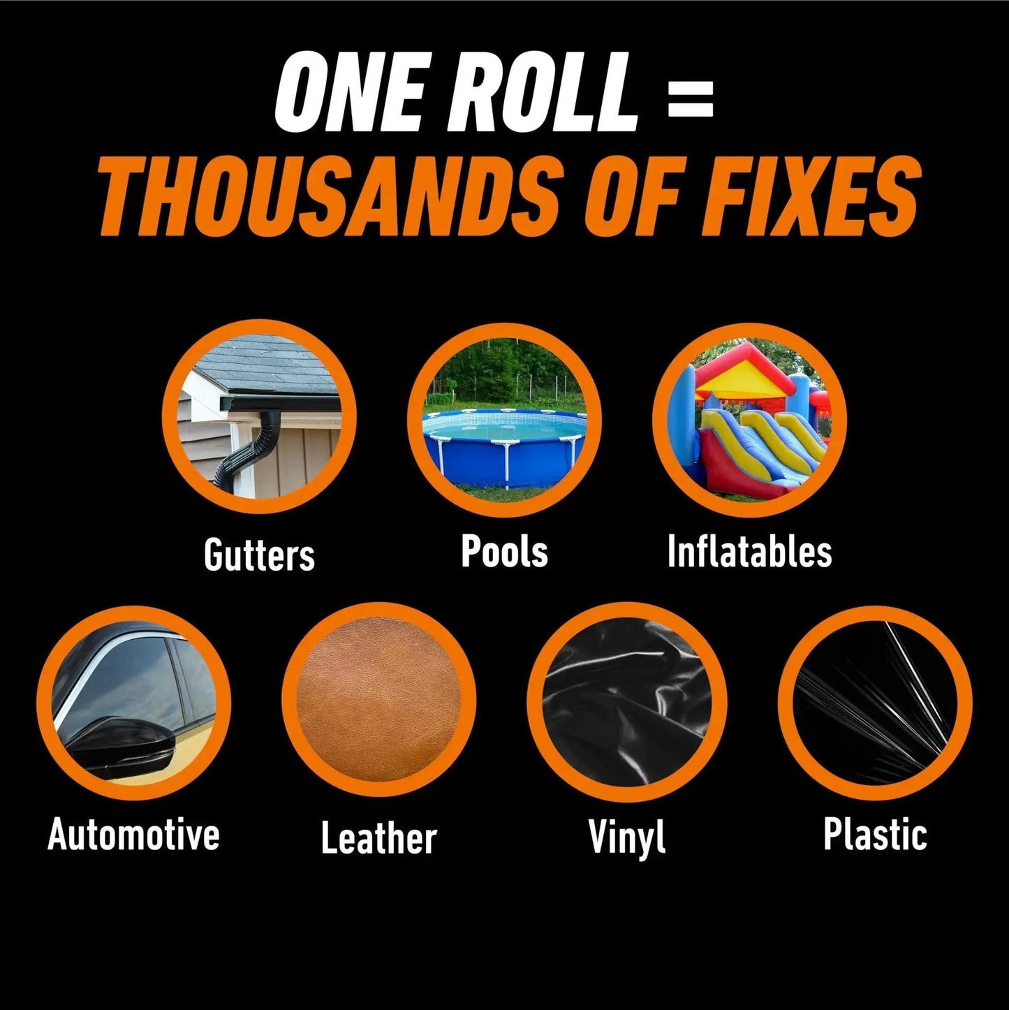 Image showing uses of Crystal Clear Tape 1.88 Inch By 18 Yard Weather Resistant Indoor Outdoor for gutters, pools, inflatables, automotive, leather, vinyl, plastic.