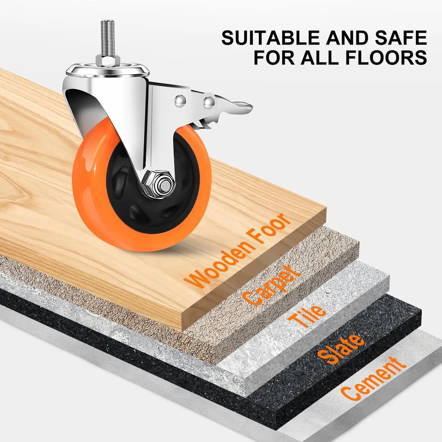 Heavy Duty Stem Casters Swivel Wheels With Threaded Stem Three Eighths Inch By Sixteen Threads By One Inch Thread Dual Locking Brakes Set Of Four For Industrial Machines Tools And Heavy Equipment Mobile Caster Kit on wooden and tile floors.