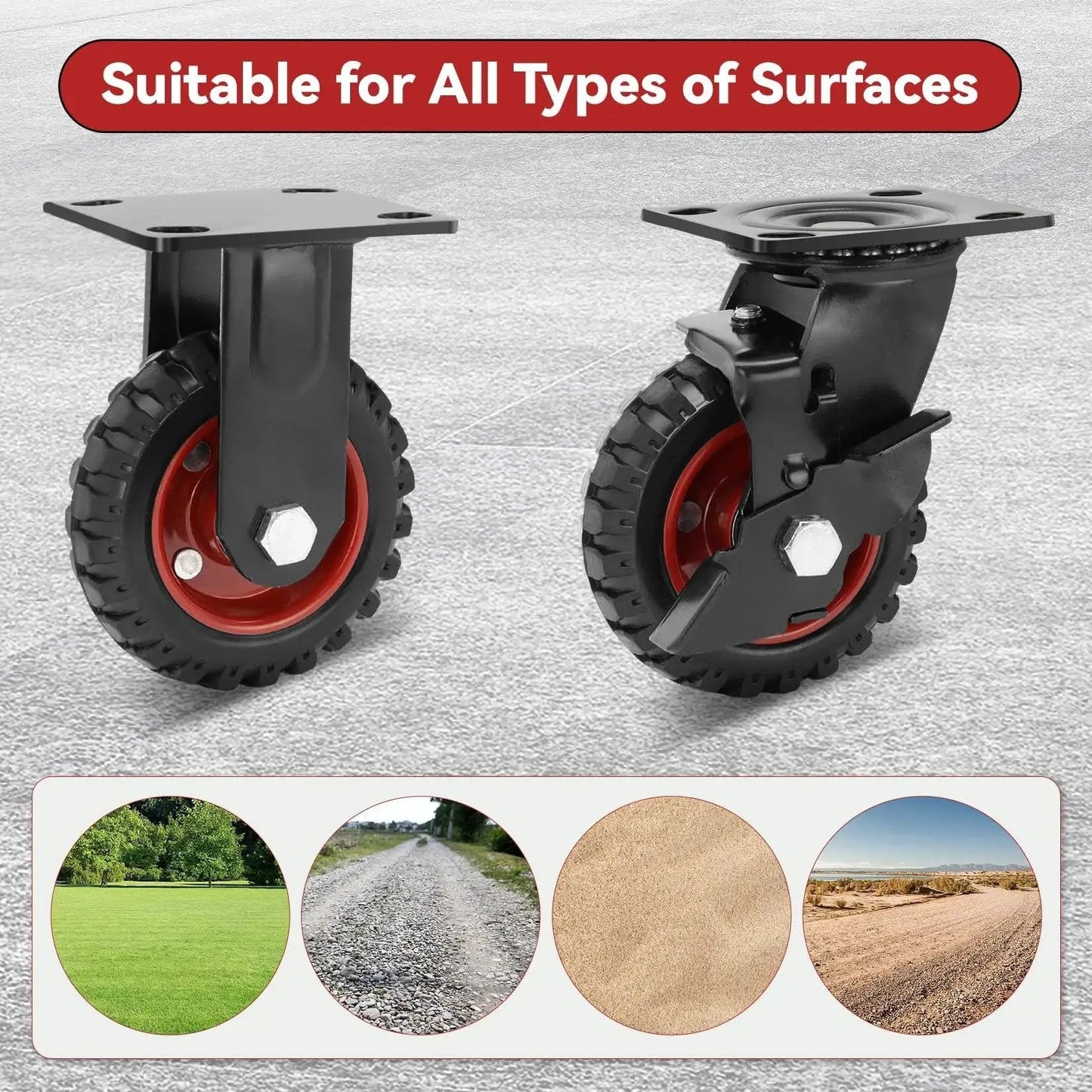 5 Inch Heavy Duty Rubber Casters Set Of 4 With 2 Brakes And 2 Rigid Wheels Industrial Grade Solid Rubber Tread For various surfaces