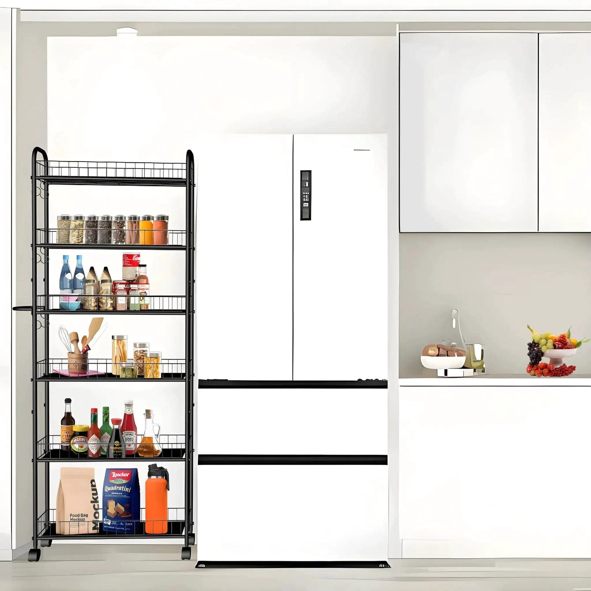 Six Tier Ultra Slim 6 Inch Depth Rolling Storage Cart On Wheels With Handle For Narrow Spaces Ideal Between Appliances In Small Corners Kitchen Bathroom Laundry Office Metal Wire Mobile Organizer Rack next to refrigerator showcasing stored groceries