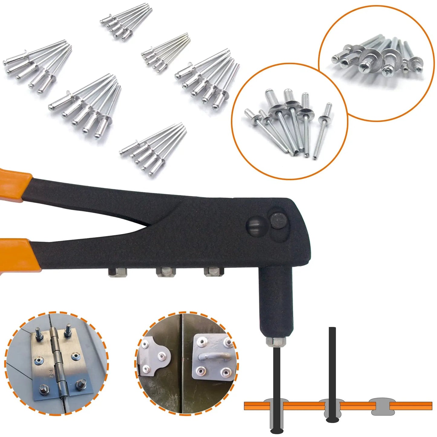 225 Piece Aluminum Blind Rivets Assortment Kit With Heavy Duty Hand Riveter Gun Tool 6 Sizes Pop Rivets set and usage illustration