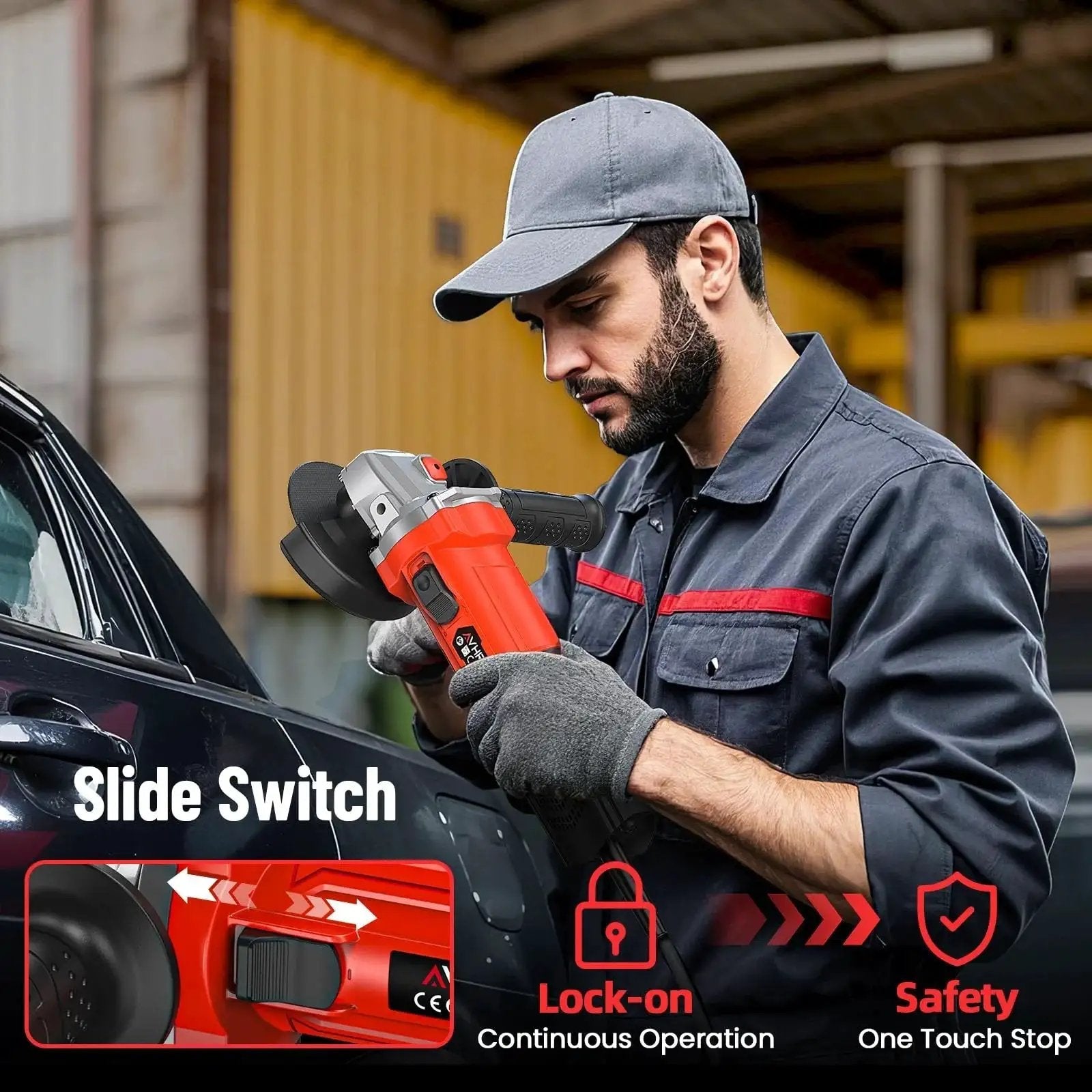 Worker using a Powerful Four And A Half Inch Angle Grinder With Ten Amp Motor Delivers Up To One Thousand Two Hundred Watts And Thirteen Thousand RPM for cutting metal