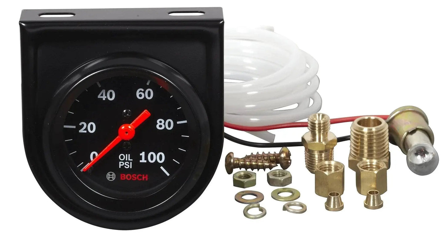 Style Line 2 Inch Mechanical Oil Pressure Gauge With Black Dial And Bezel By Bosch 0 To 100 Psi 270 Degree Sweep, fittings, tubing, hardware.