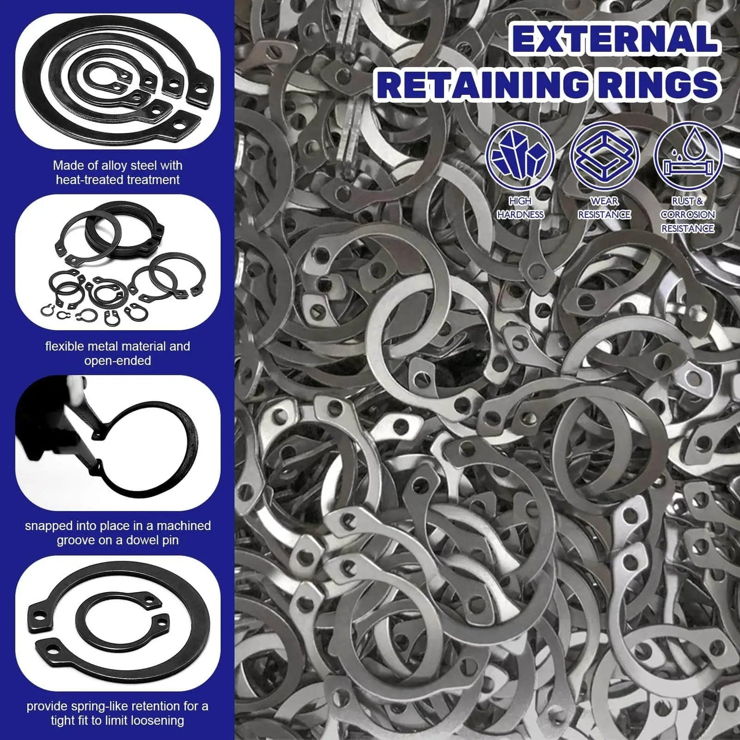 Close-up of Must Have Ultimate C Clip External Retaining Ring Set With 4 In 1 Snap Ring Pliers And Precision Hooks For Grooved Shafts Pins And Studs, 395 Pieces In 17 Sizes Alloy Steel Case Included Waltool showing alloy steel retaining rings