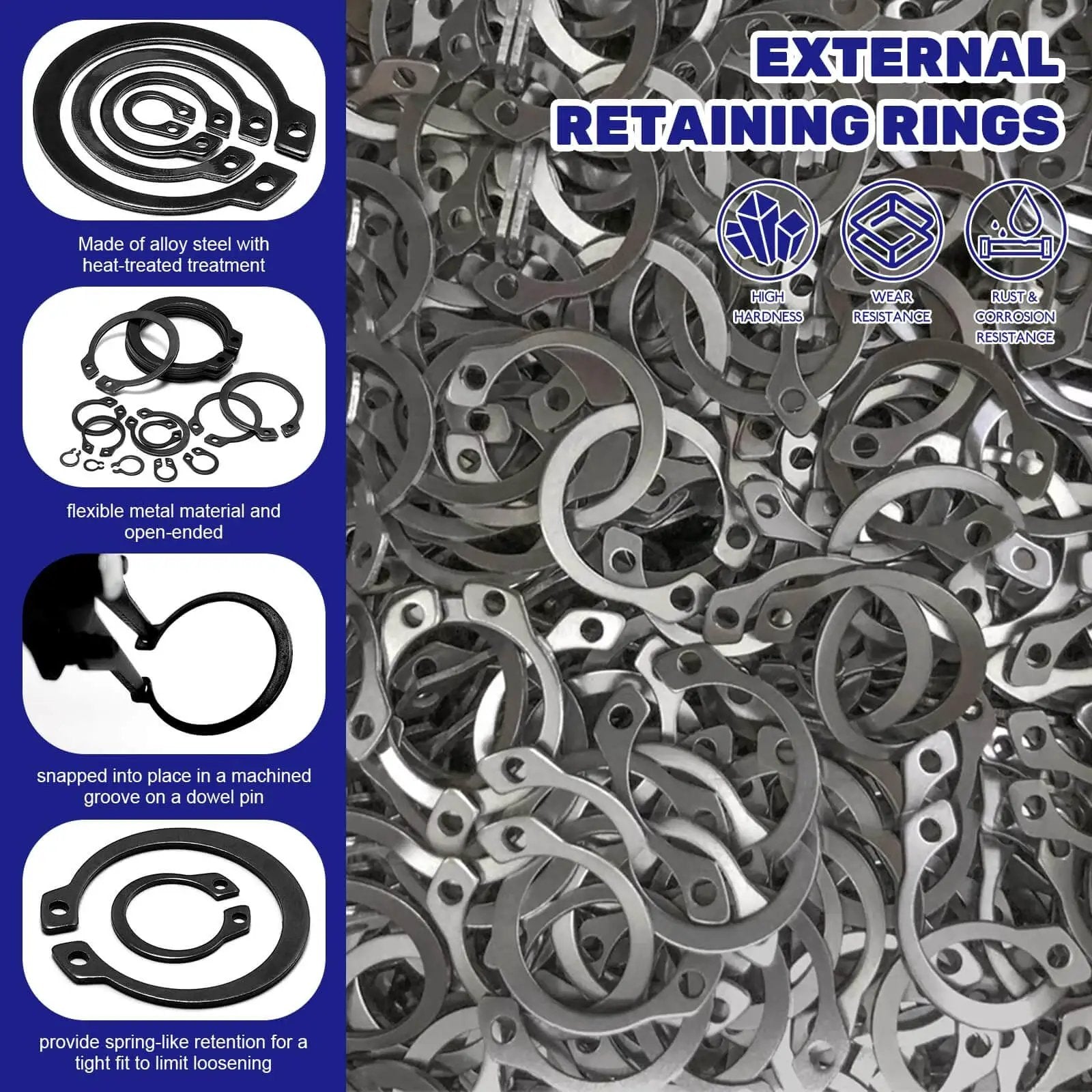 Close-up of Must Have Ultimate C Clip External Retaining Ring Set With 4 In 1 Snap Ring Pliers And Precision Hooks For Grooved Shafts Pins And Studs, 395 Pieces In 17 Sizes Alloy Steel Case Included Waltool showing alloy steel retaining rings