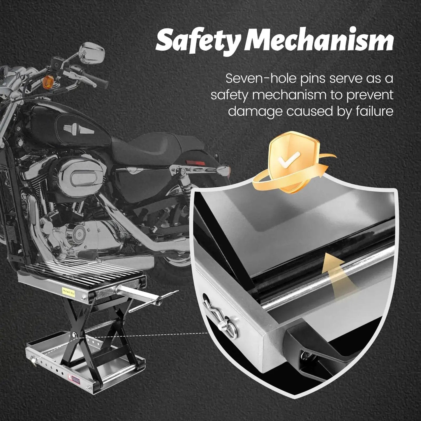 Beefy 1500 Lbs Motorcycle Jack With Thick 0.48 Inch Rubber Pad and Safety Pins Supports Bike in Garage Setting