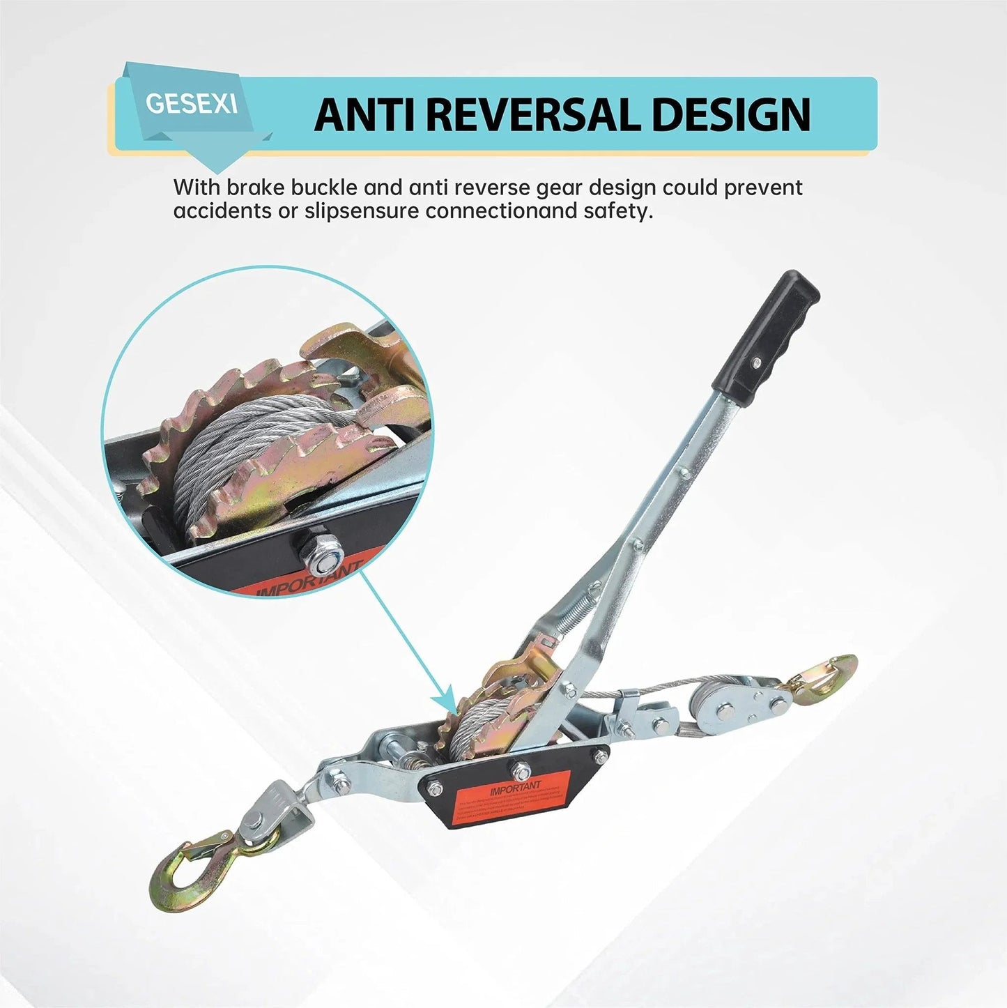 4 Ton Dual Gear Come Along Power Puller With Two Hooks And Steel Cable for heavy duty lifting, highlighting anti-reversal design