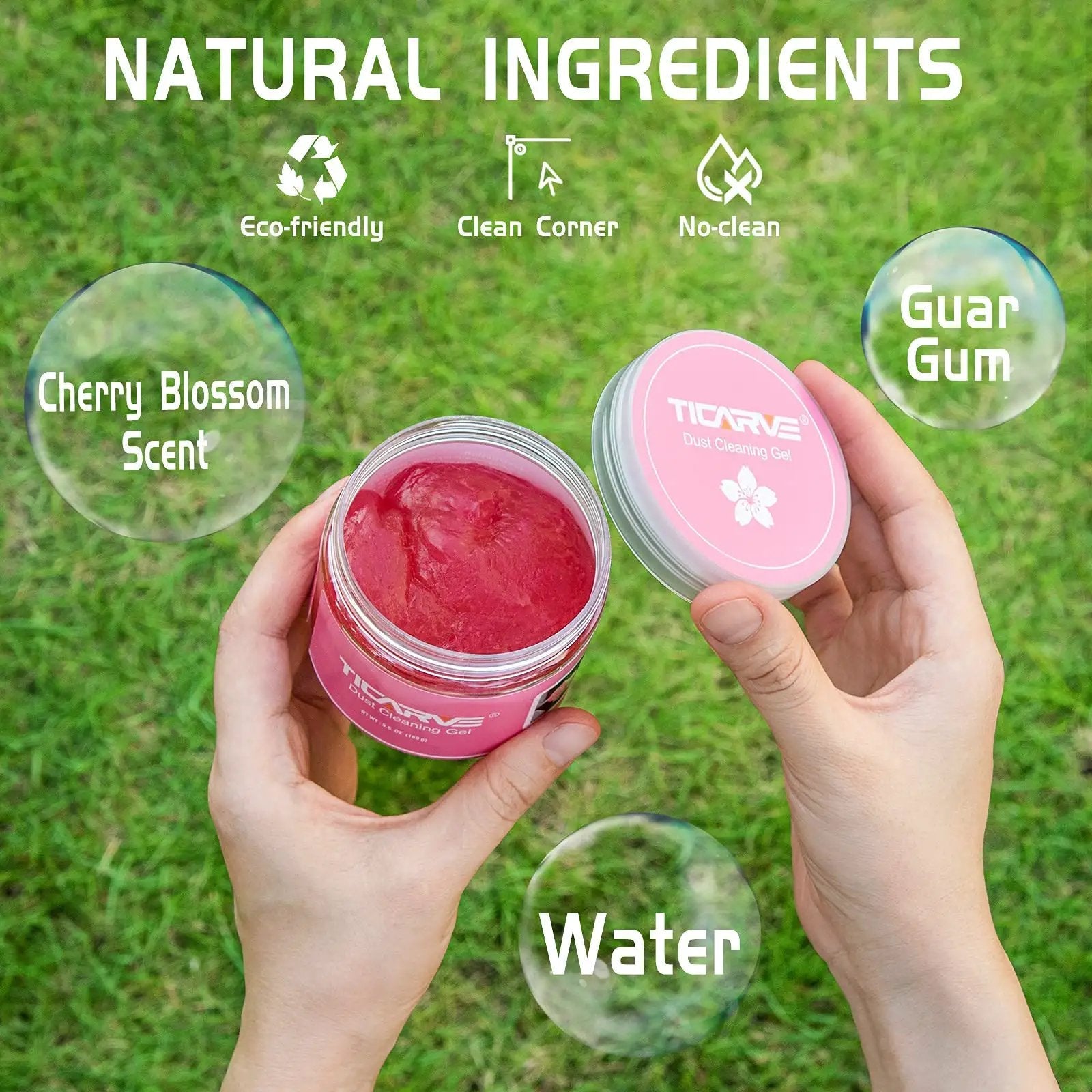 Hands holding a jar of Rose Red Car Cleaning Gel Putty For Detailing And Interior Cleaning Reusable Slime outdoors.