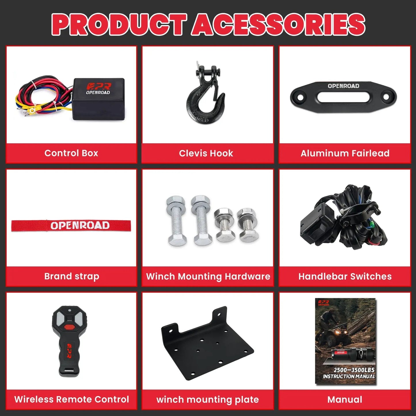 Beefed Up Heavy Duty 2500 Lb 12V ATV UTV Winch With Waterproof Electric Motor accessories including control box, clevis hook, wireless remote.