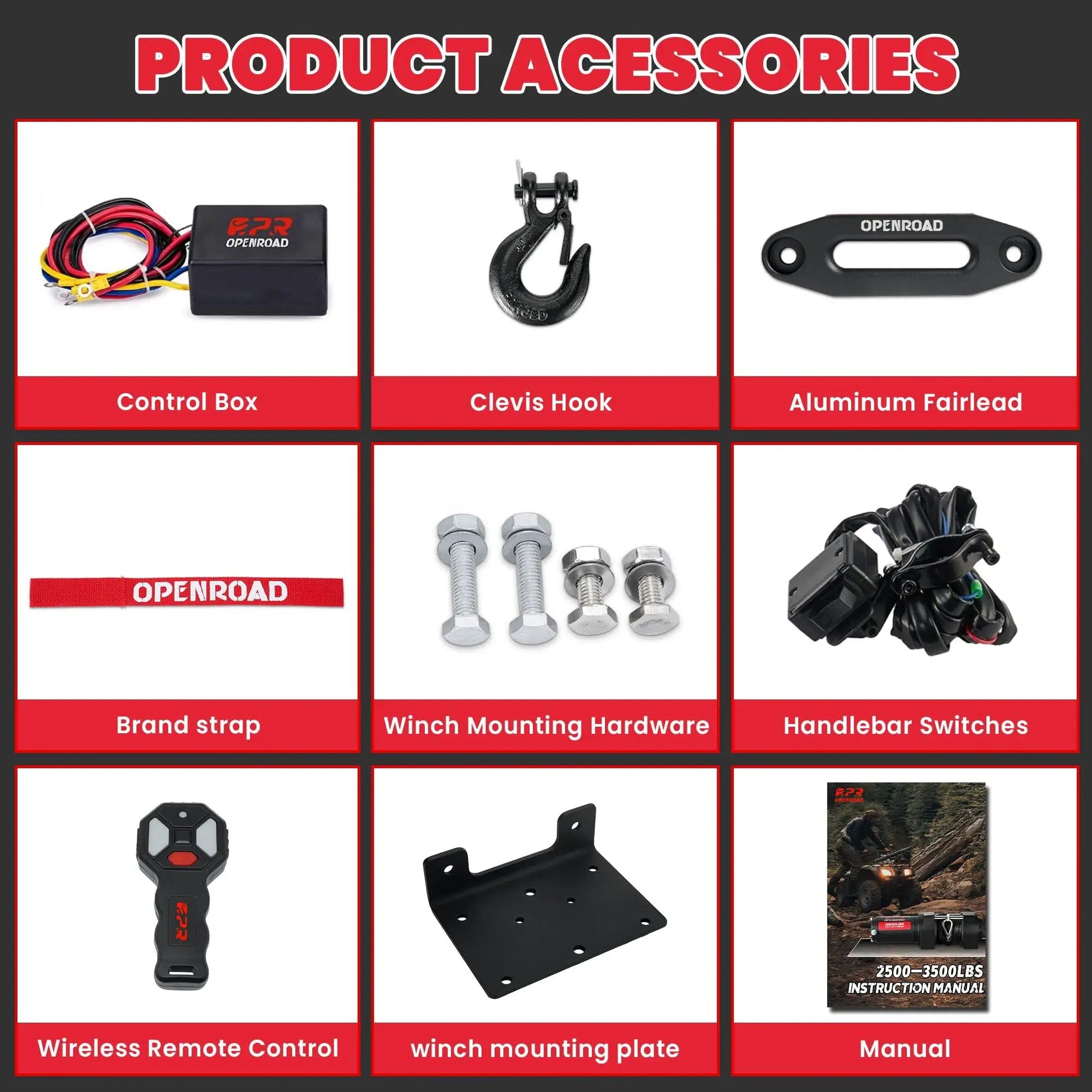 Beefed Up Heavy Duty 2500 Lb 12V ATV UTV Winch With Waterproof Electric Motor accessories including control box, clevis hook, wireless remote.